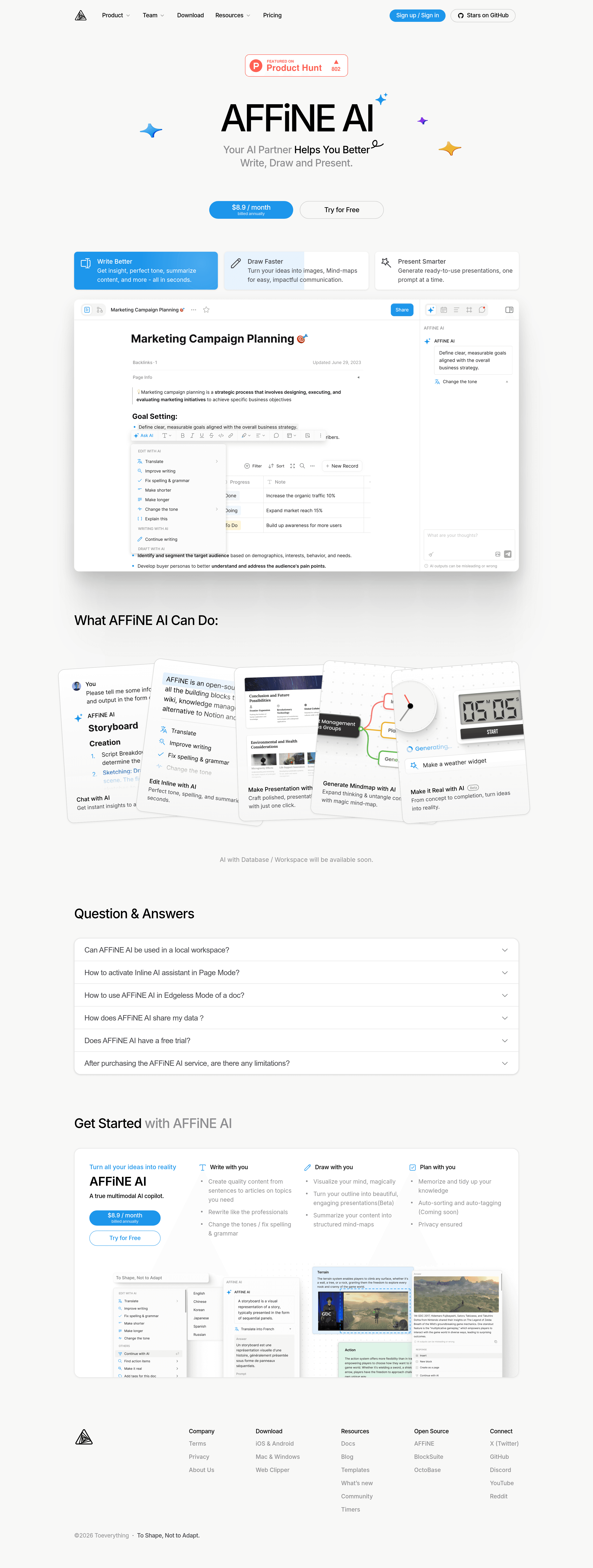 AFFiNE AI pricing page screenshot