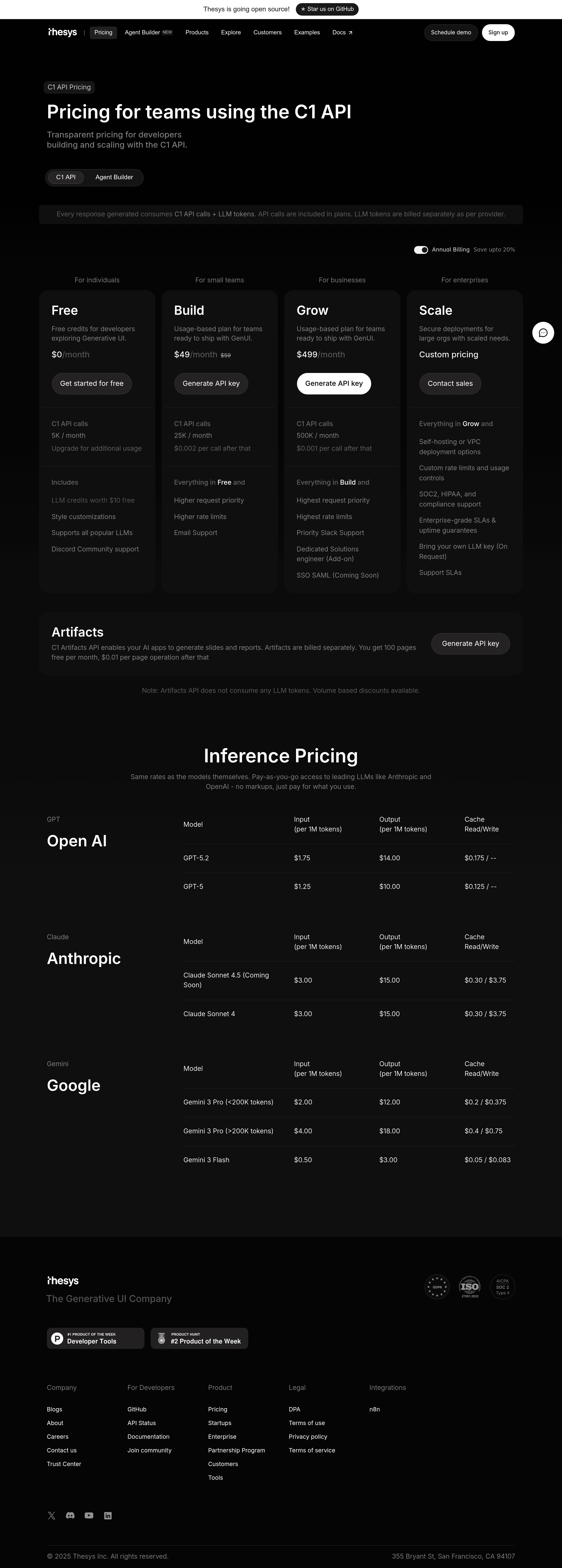Agent Builder by Thesys pricing page screenshot