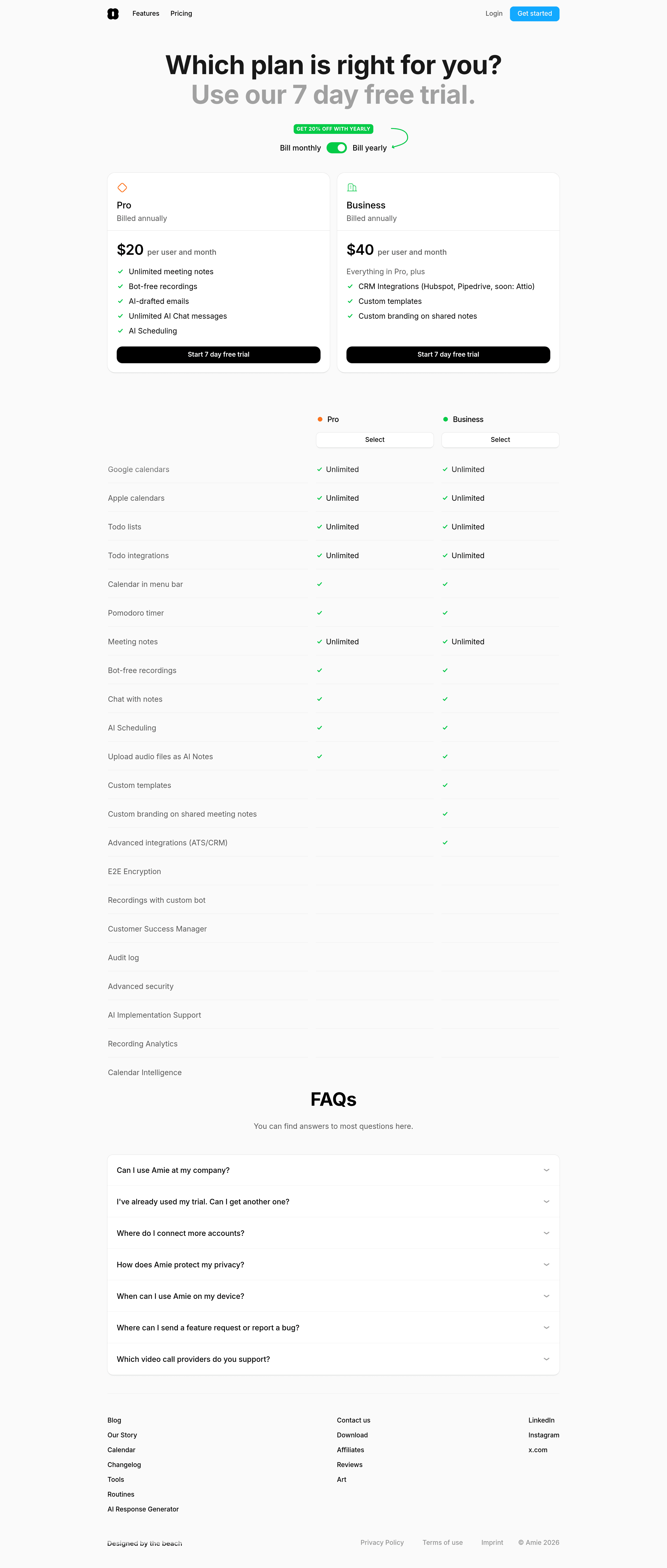 Amie pricing page screenshot