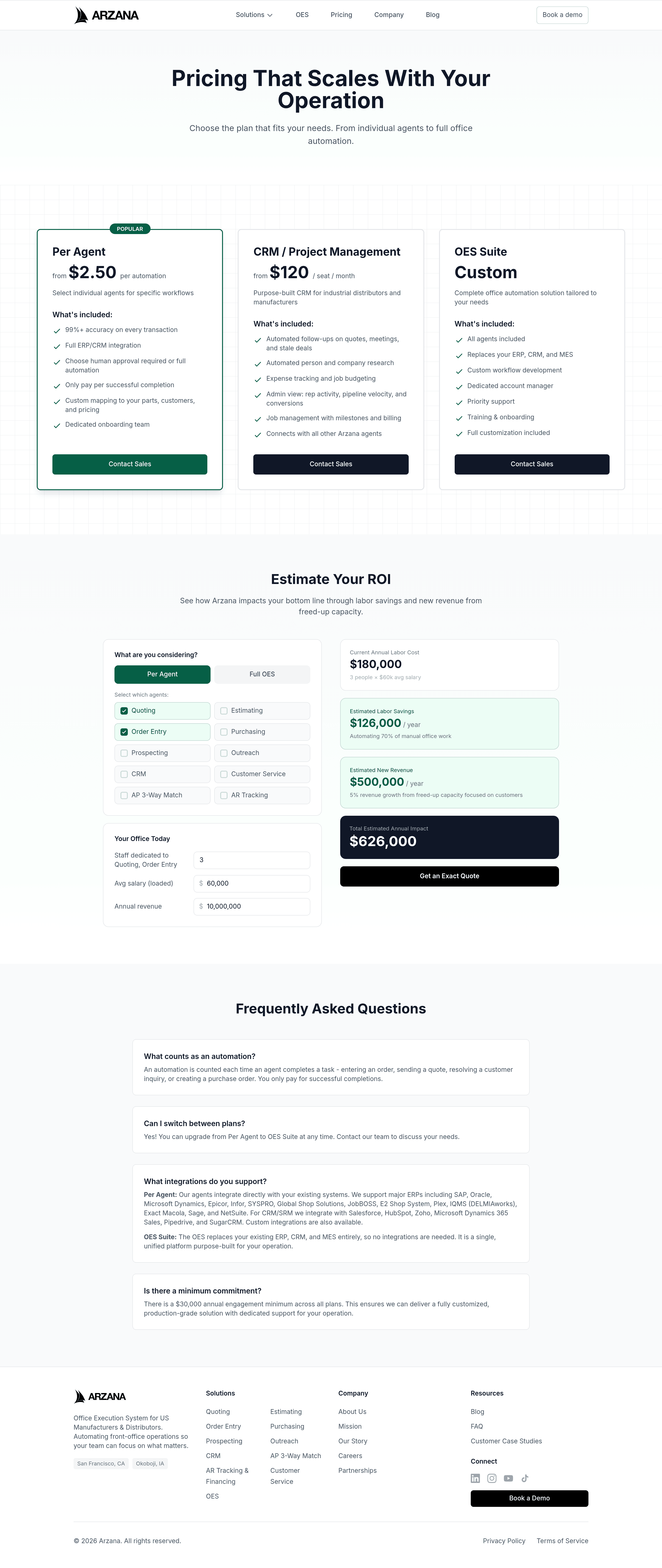 Arzana pricing page screenshot