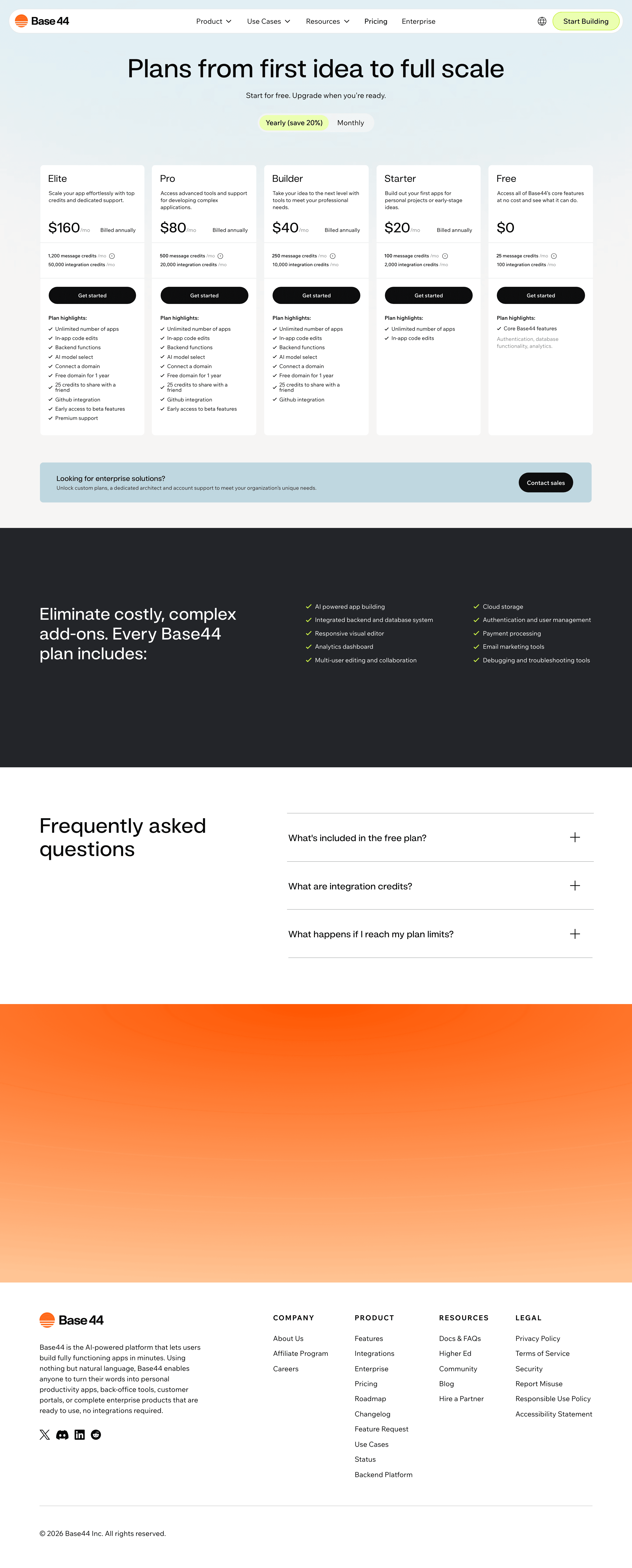 Base44 pricing page screenshot