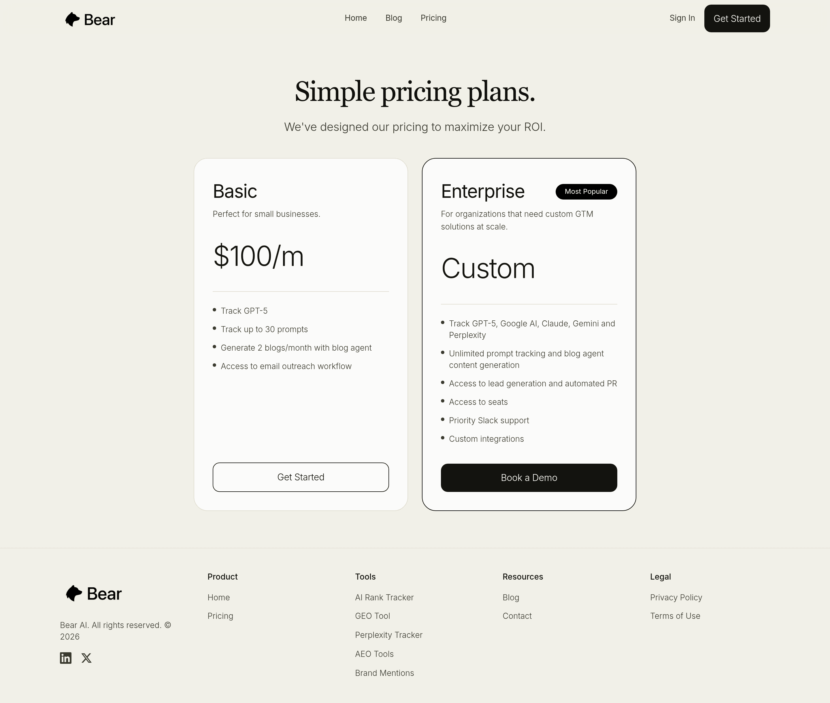 Bear pricing page screenshot