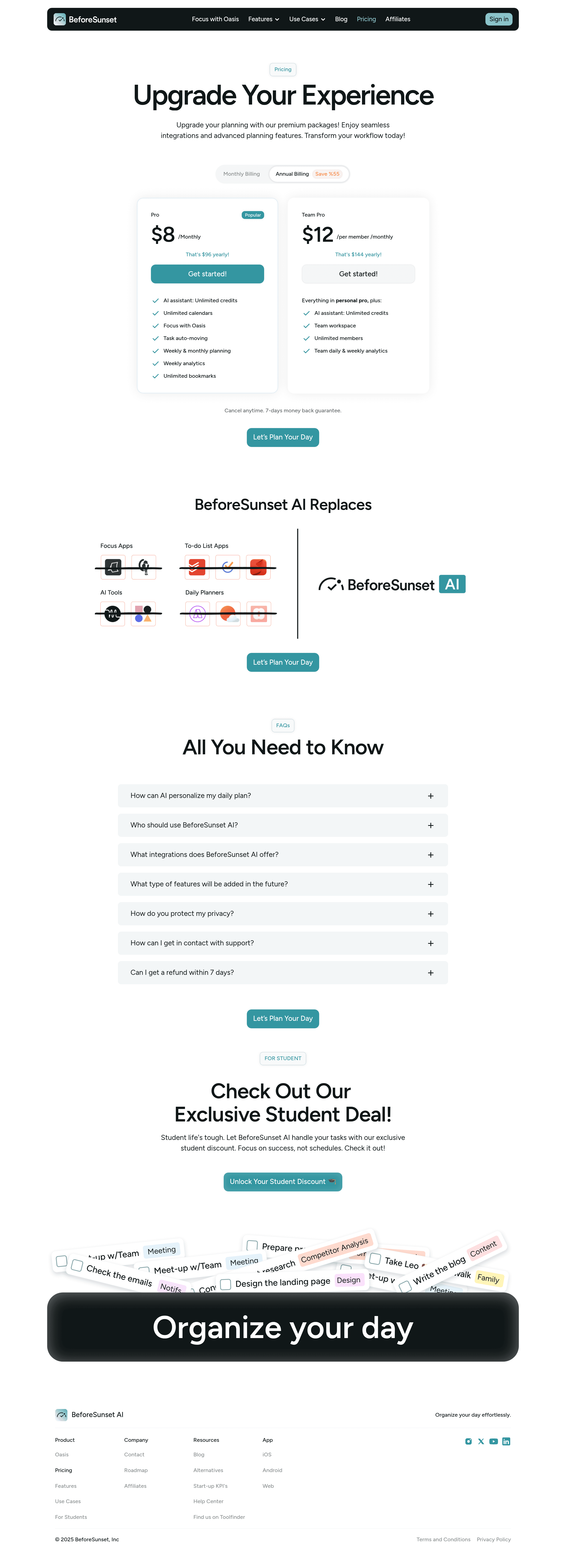 BeforeSunset AI 2.0 pricing page screenshot