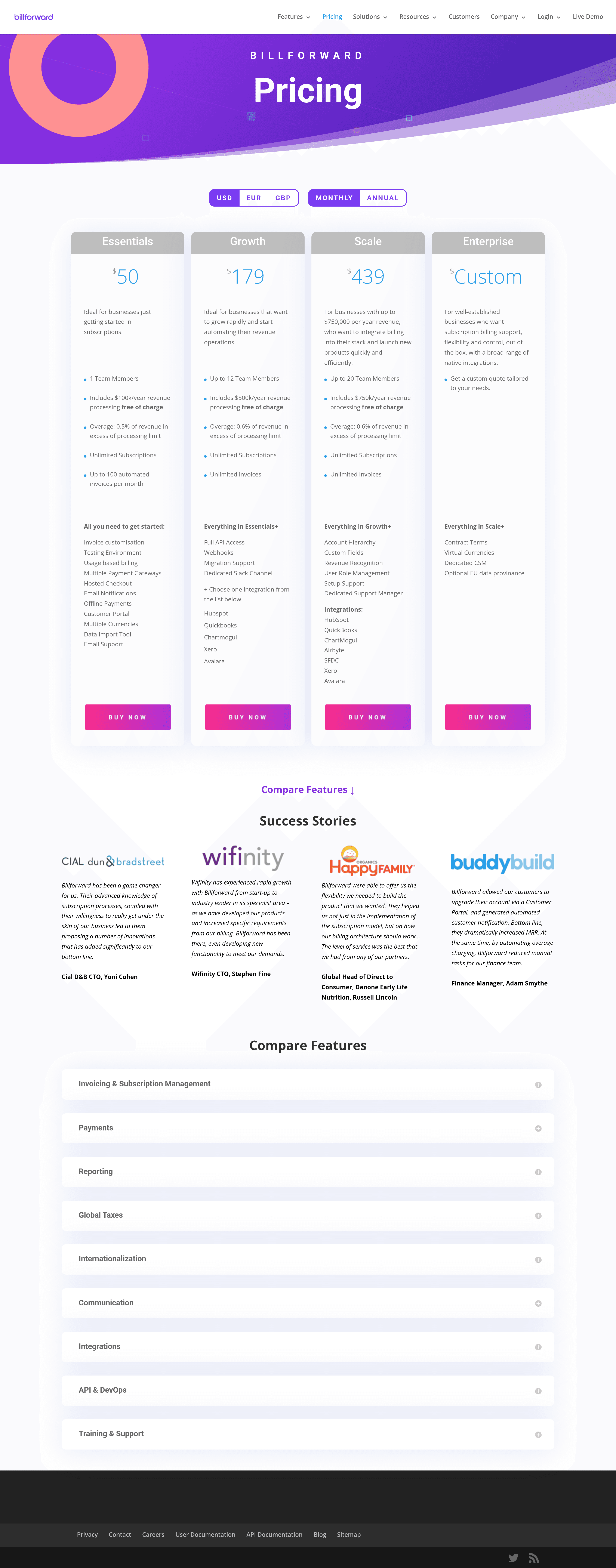 Billforward pricing page screenshot