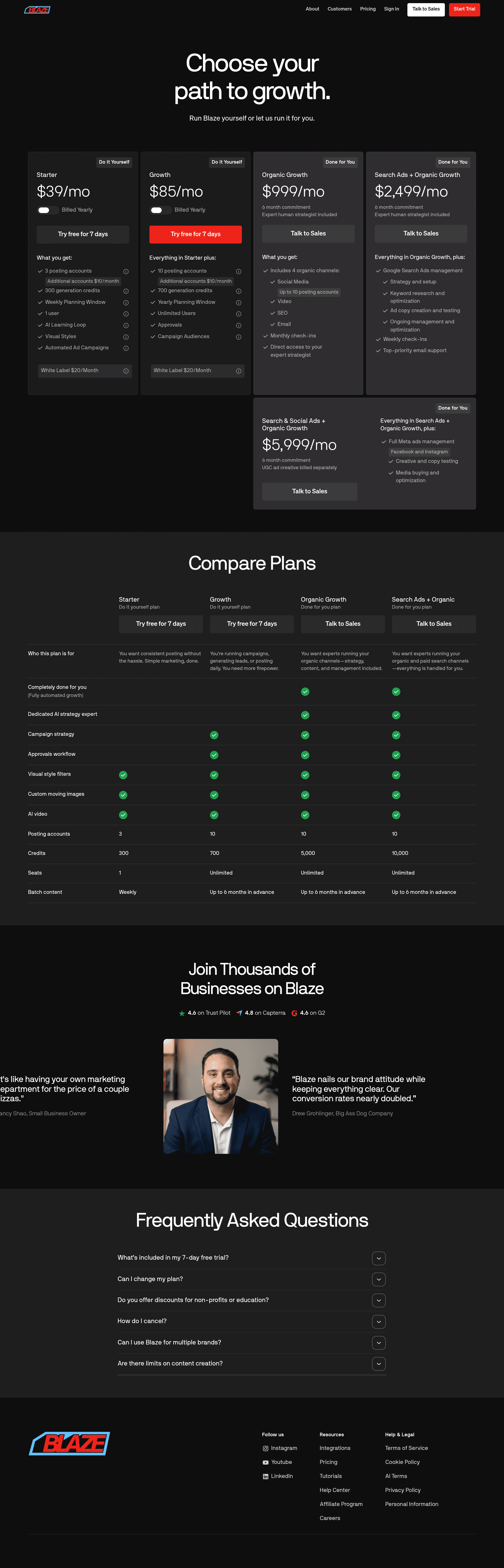 Blaze pricing page screenshot