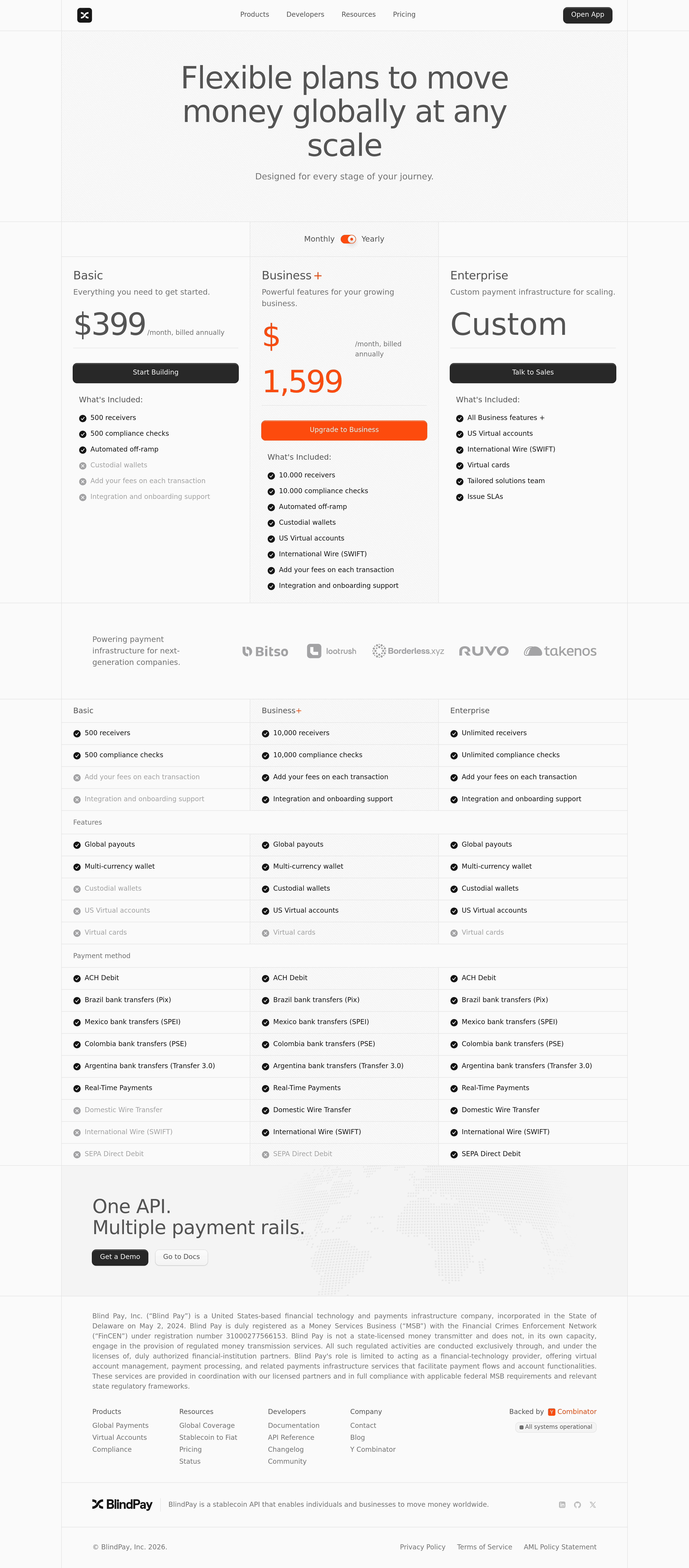 BlindPay pricing page screenshot