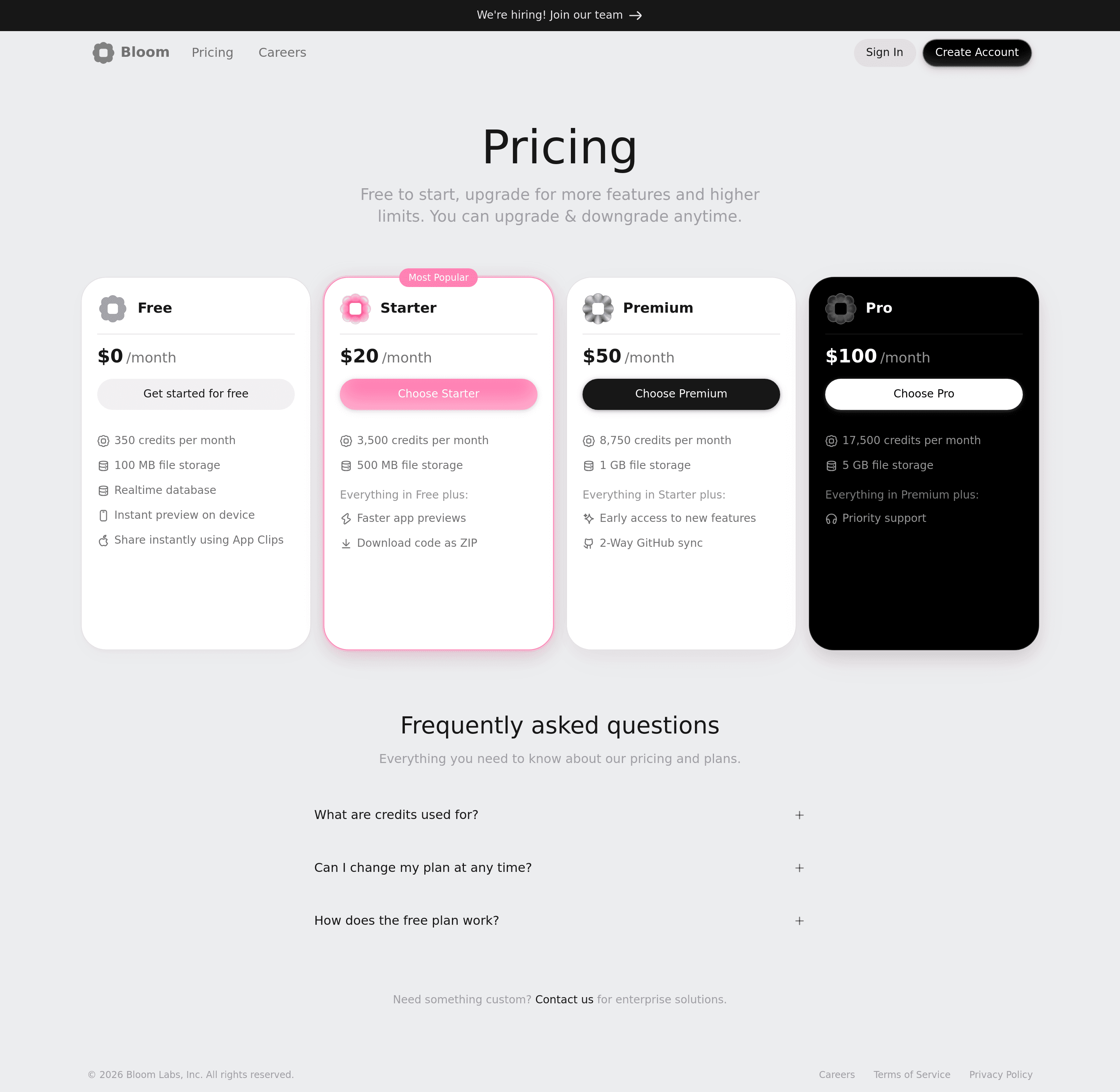 Bloom pricing page screenshot