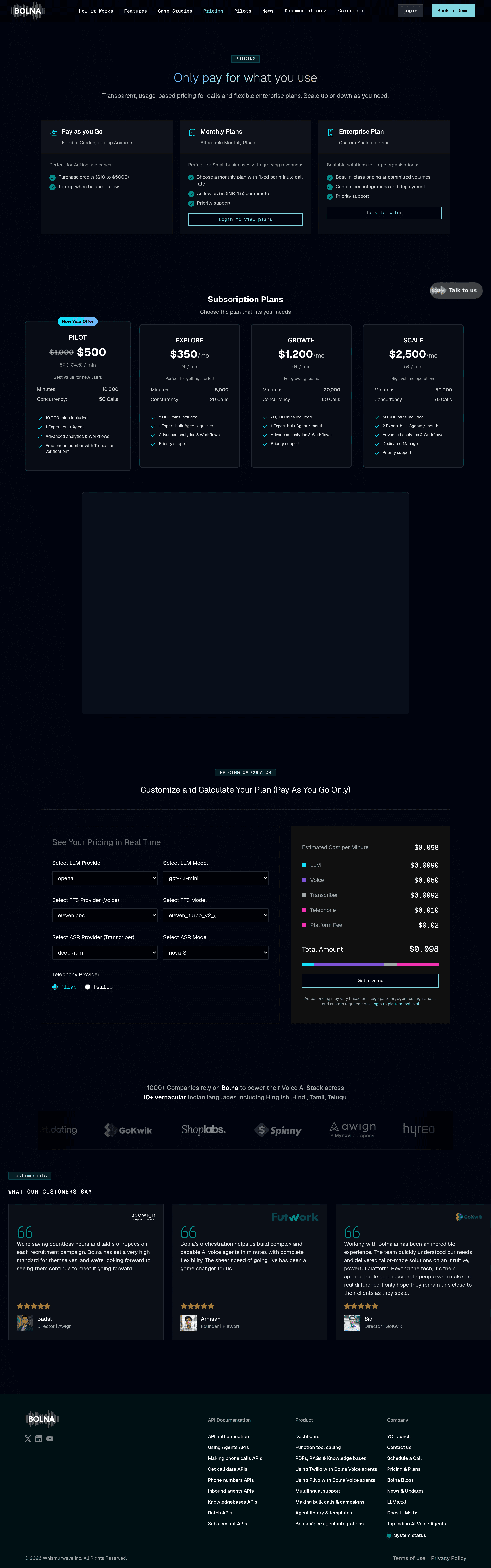 Bolna AI pricing page screenshot