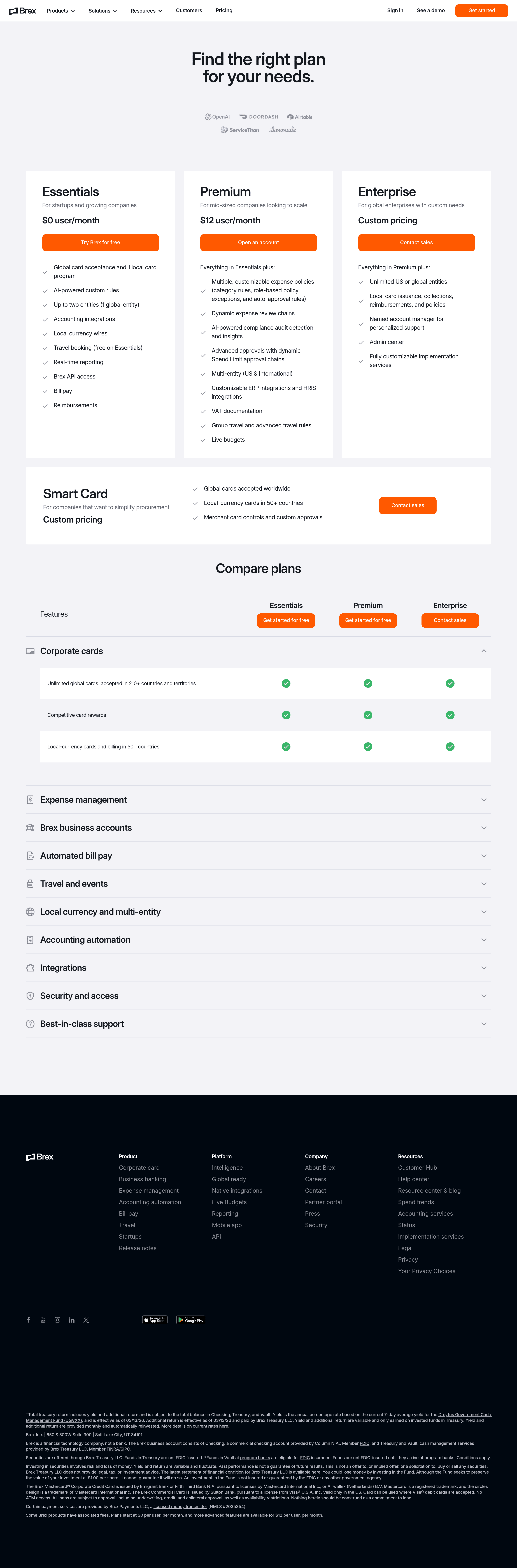 Brex pricing page screenshot