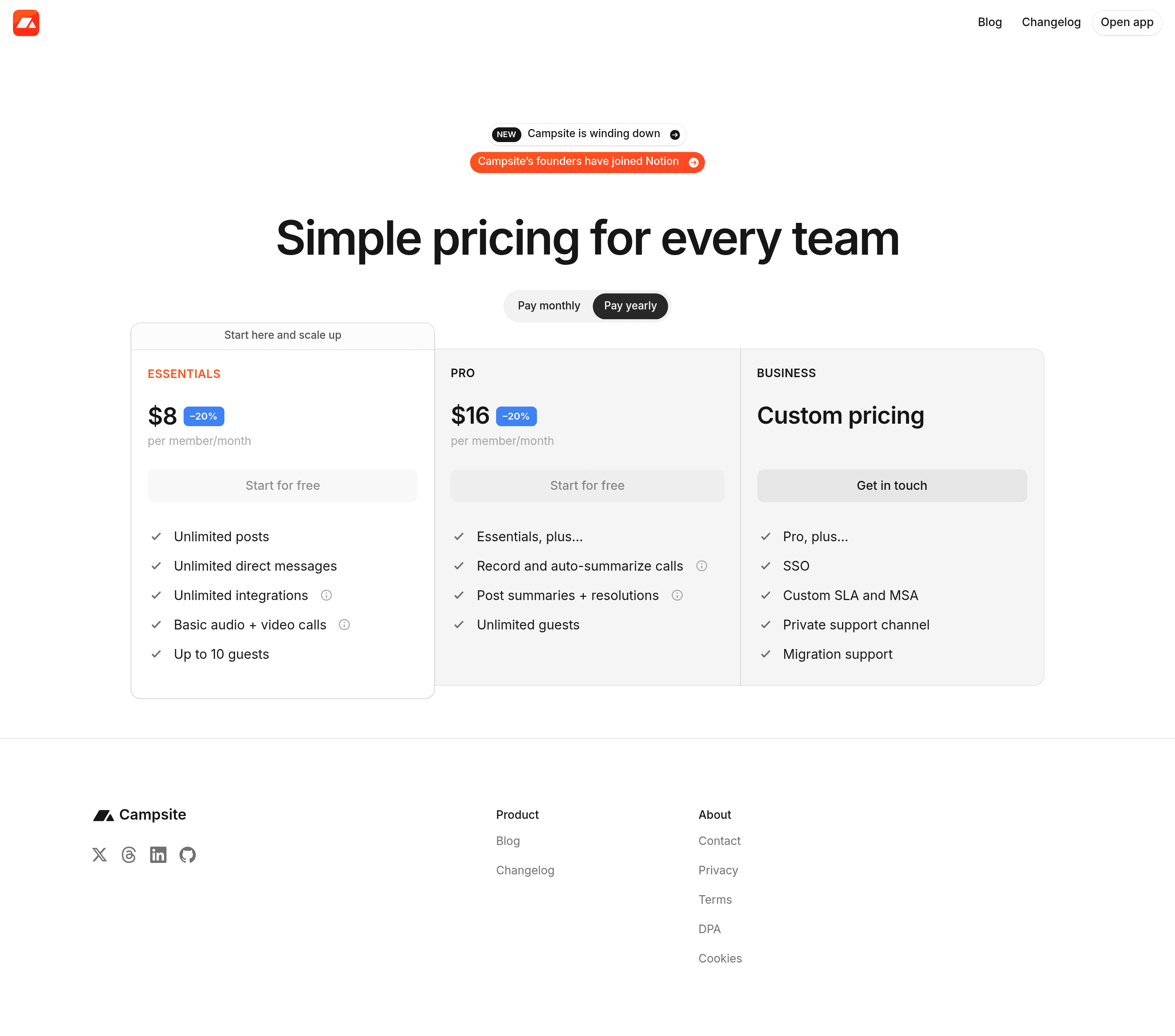 Campsite pricing page screenshot