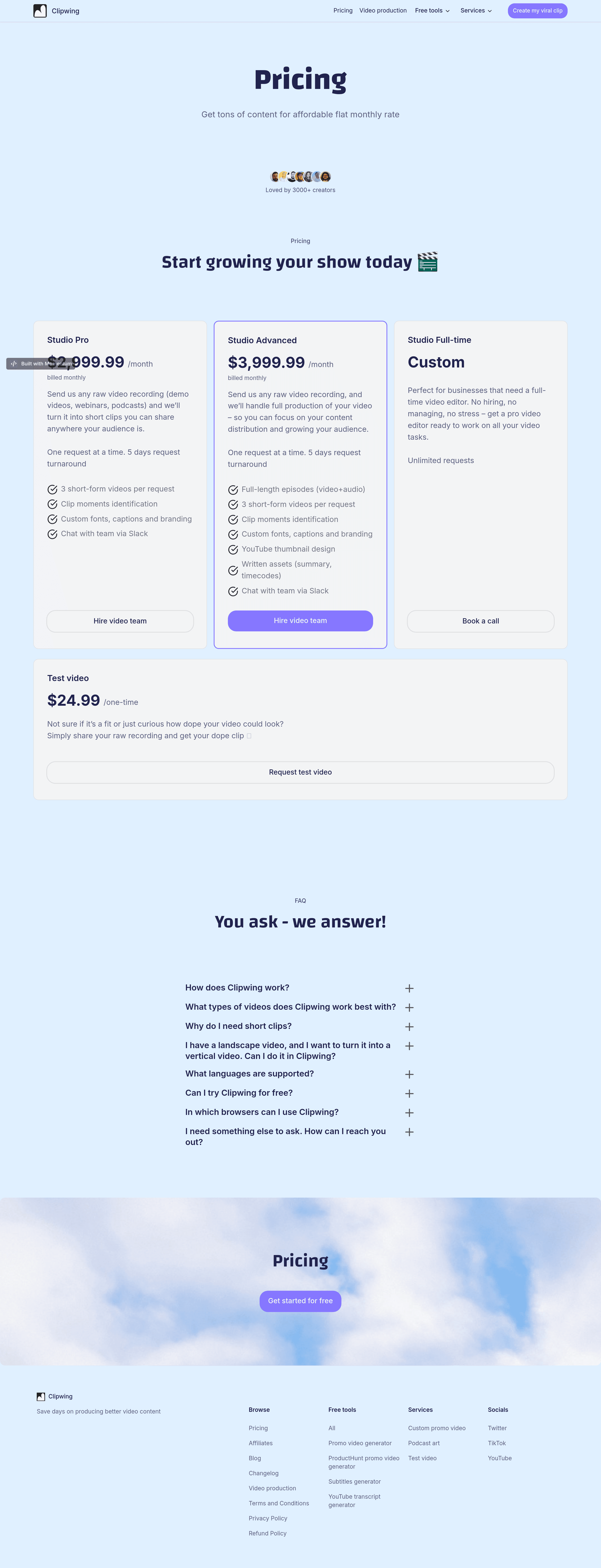 Clipwing pricing page screenshot
