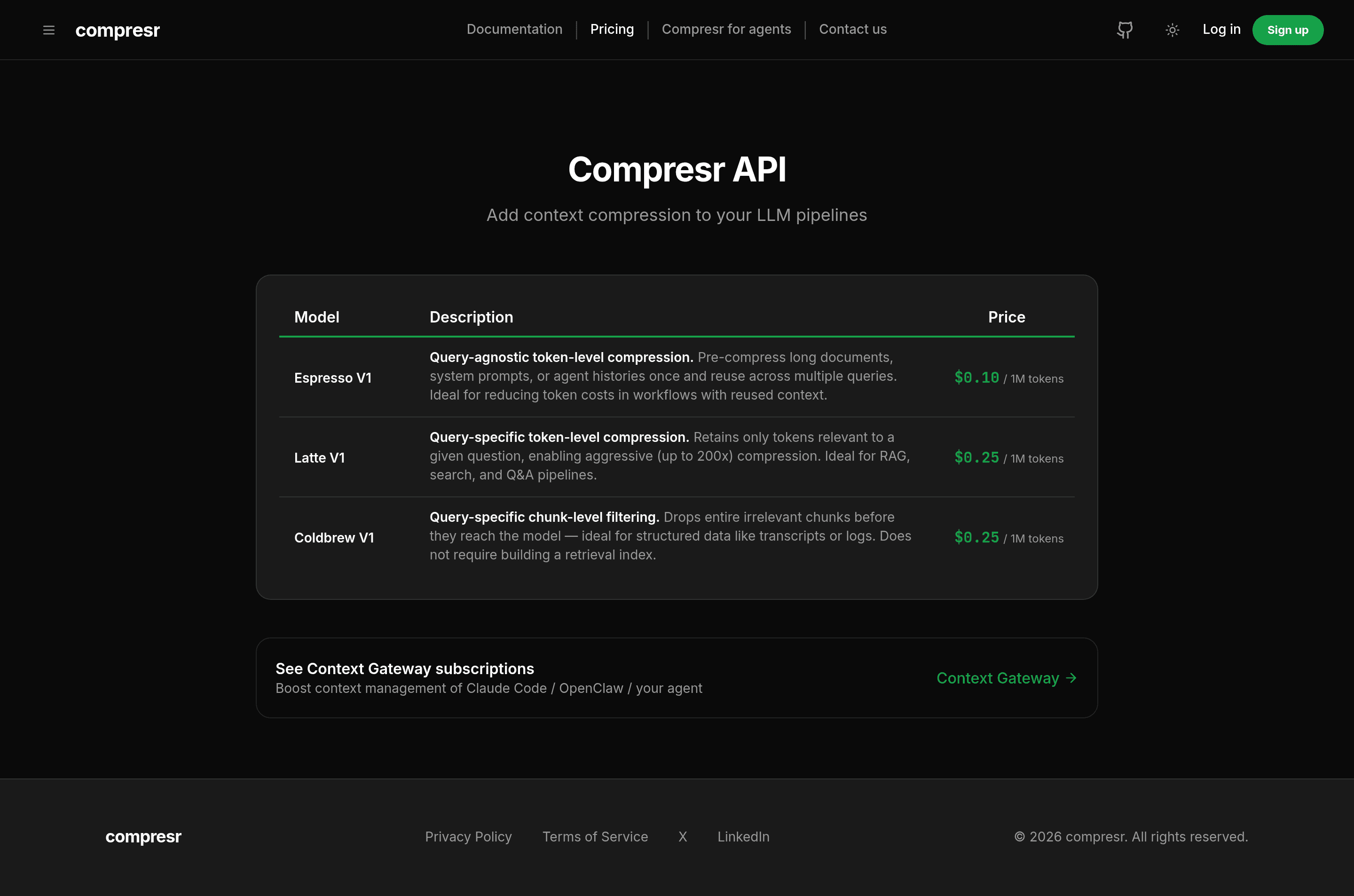 Compresr pricing page screenshot