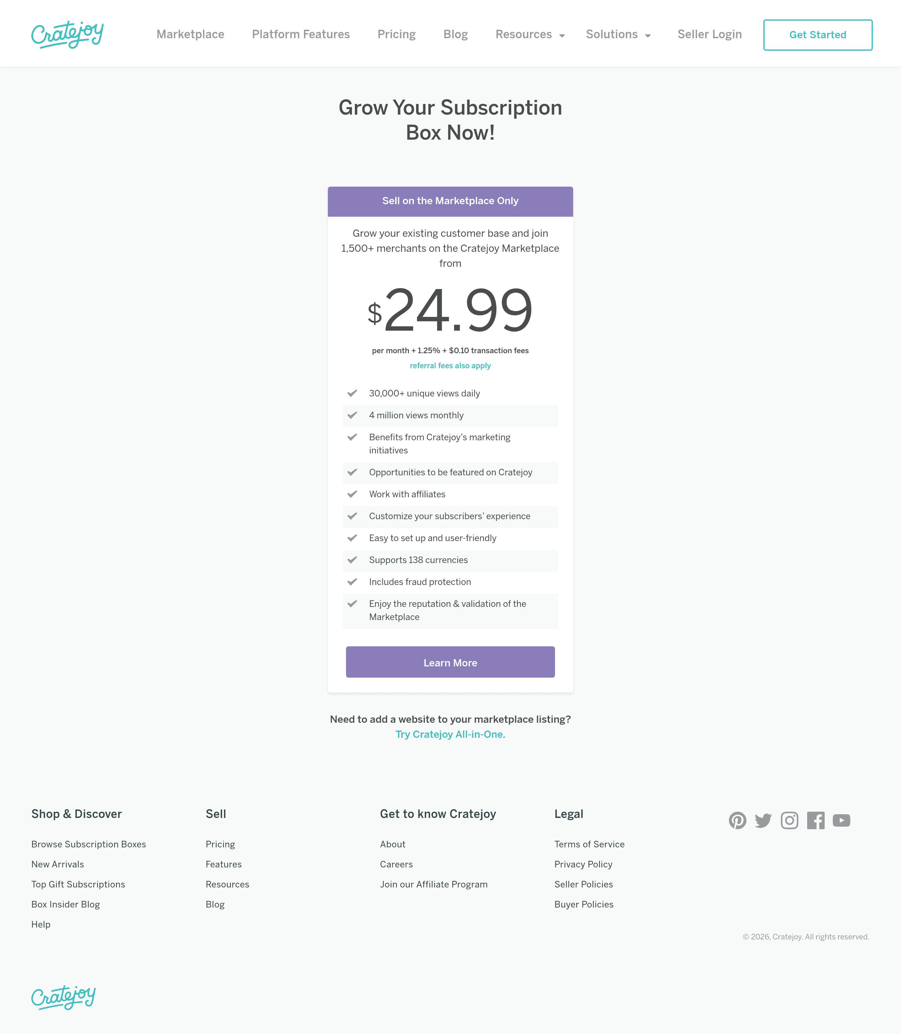 Cratejoy pricing page screenshot