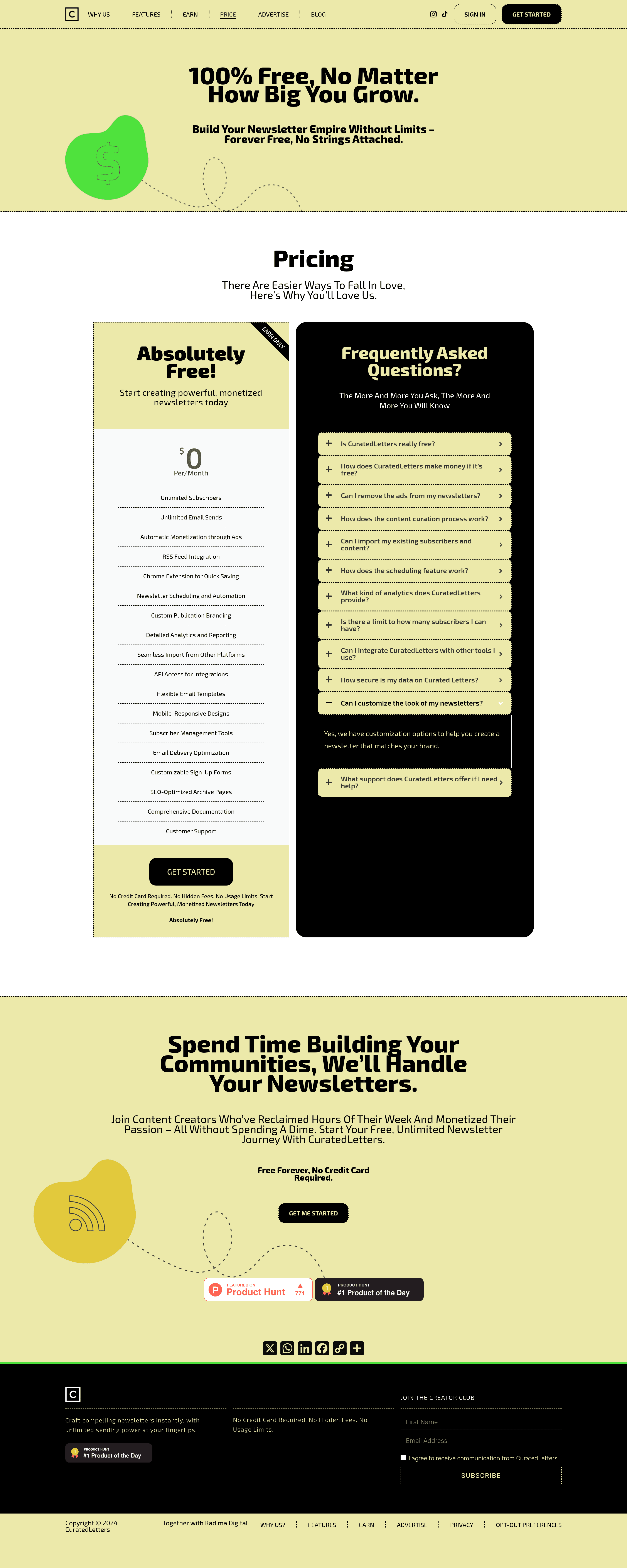CuratedLetters pricing page screenshot