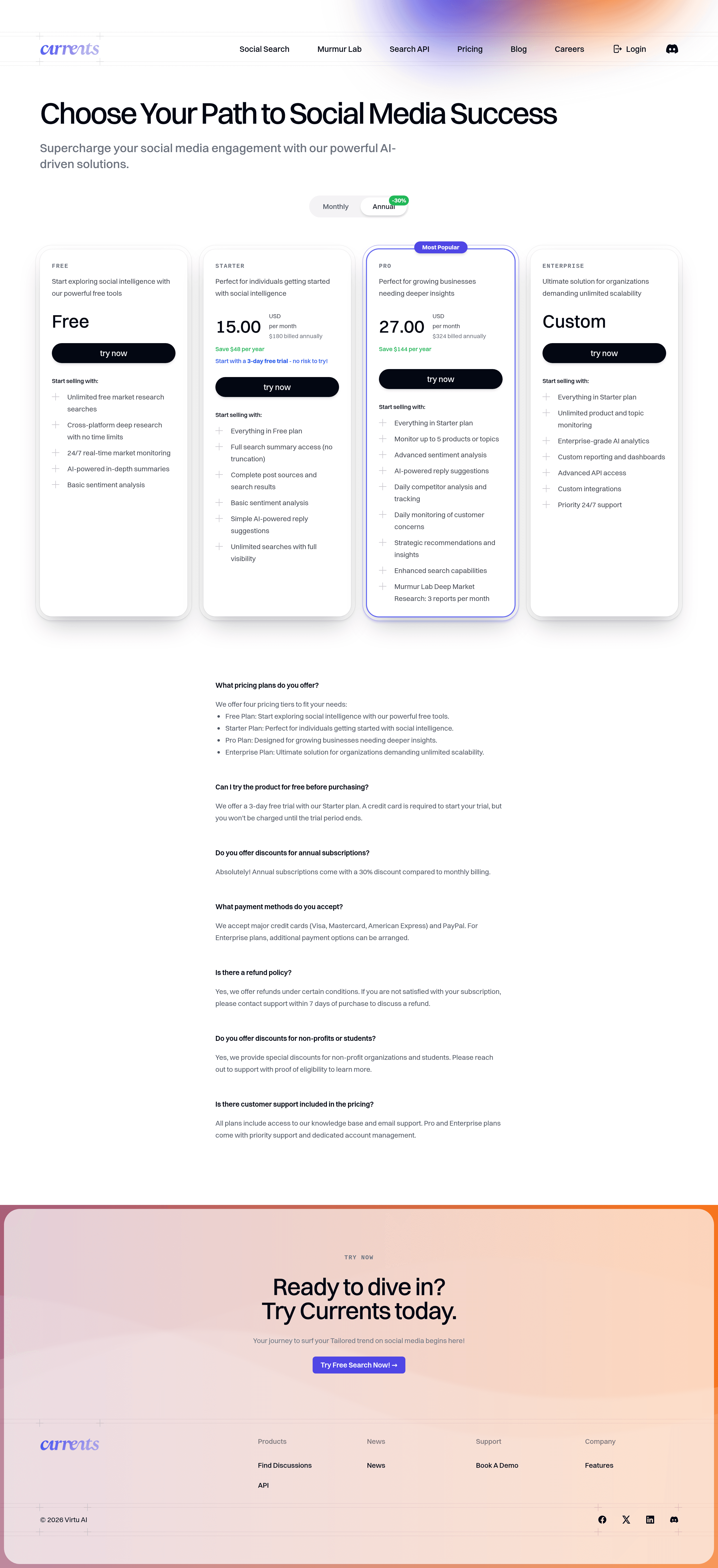 Currents AI pricing page screenshot
