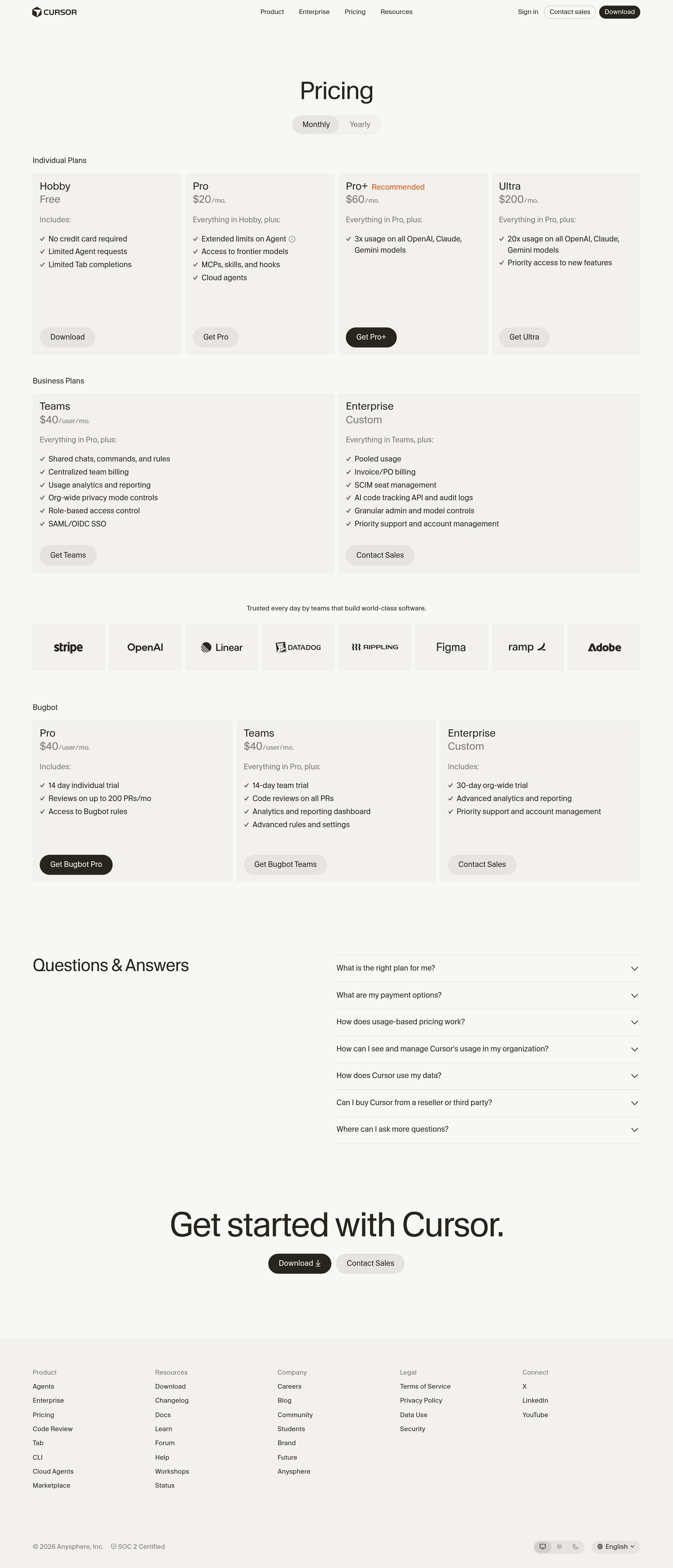 Cursor 1.0 pricing page screenshot