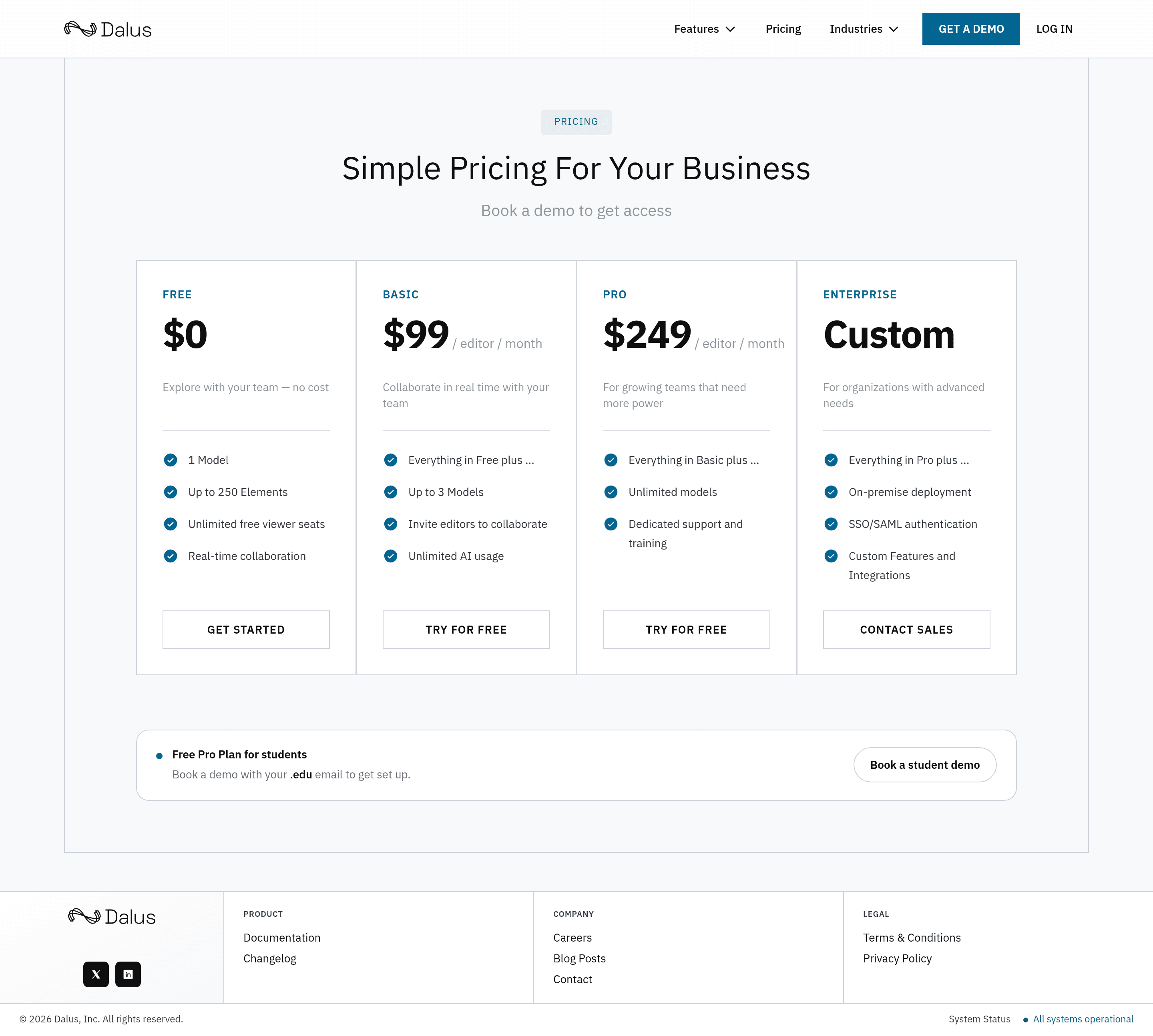 Dalus pricing page screenshot