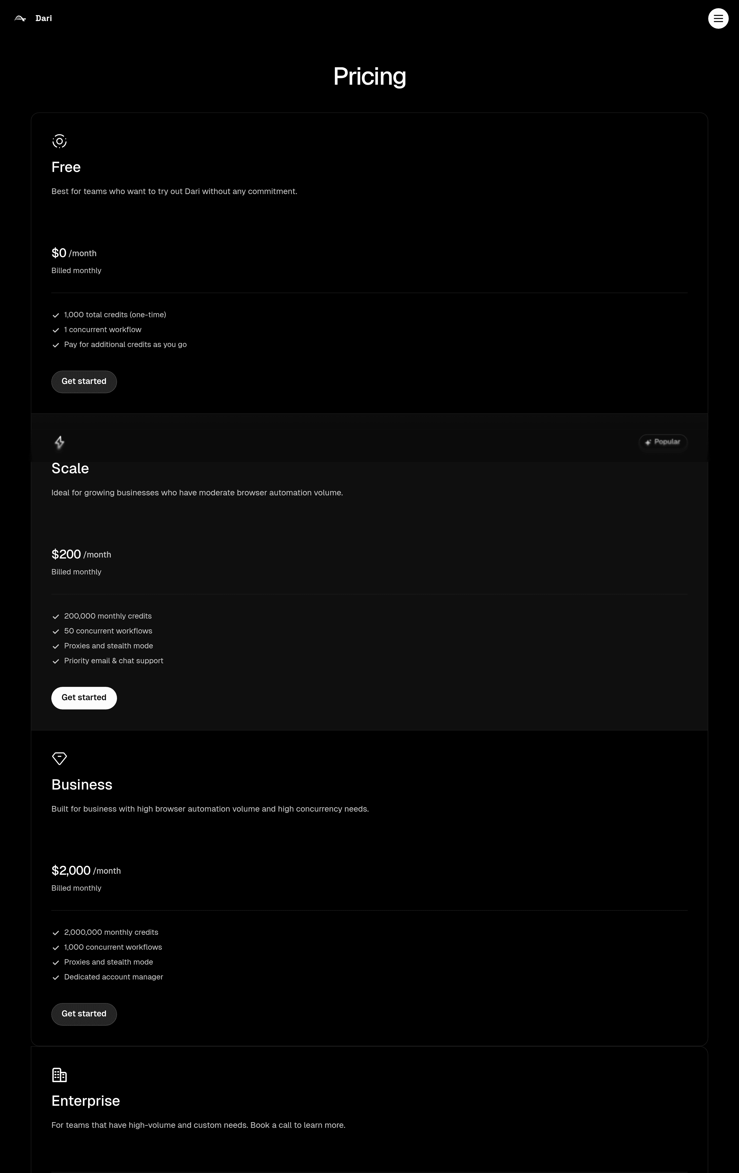 Dari pricing page screenshot