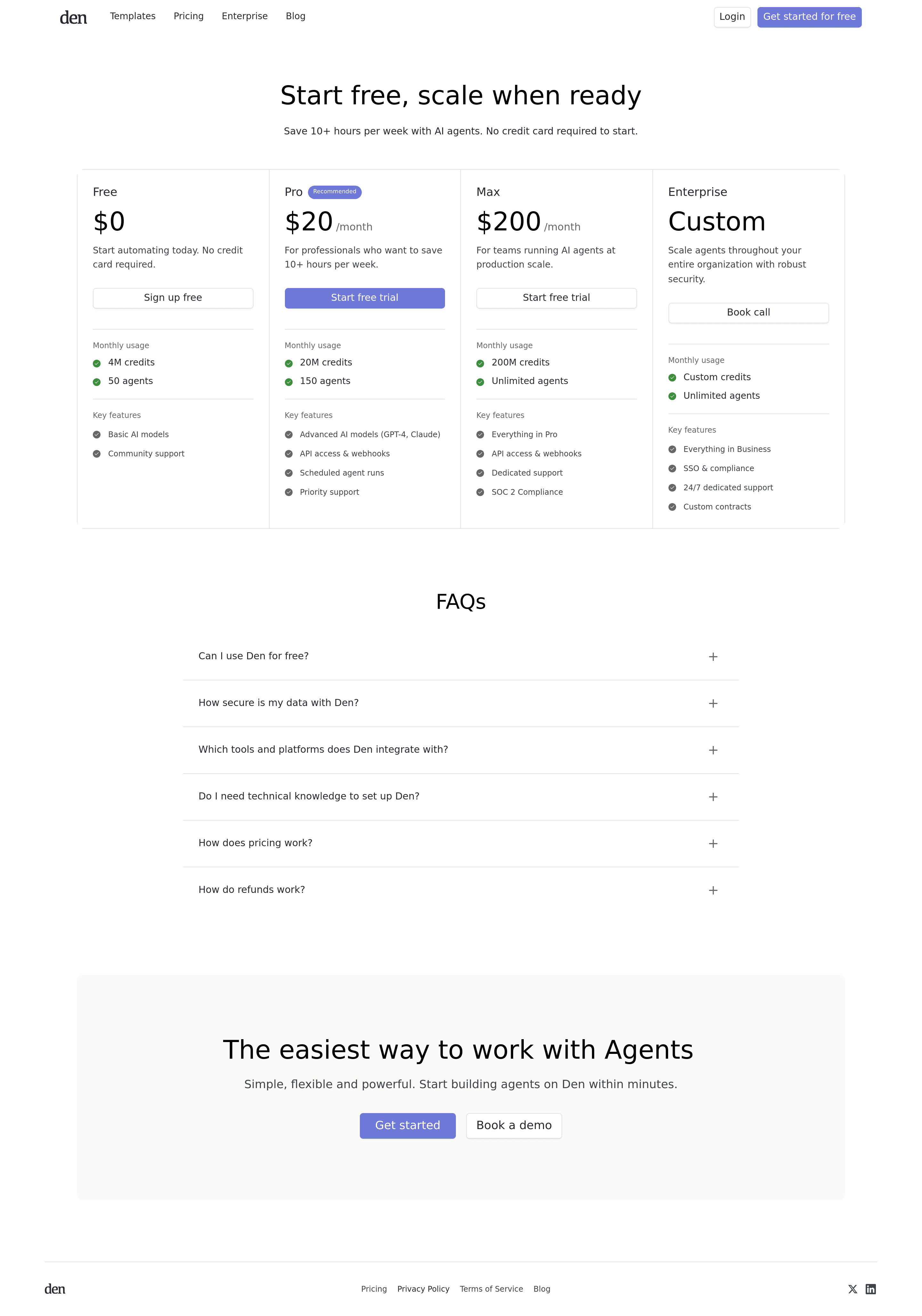 Den pricing page screenshot
