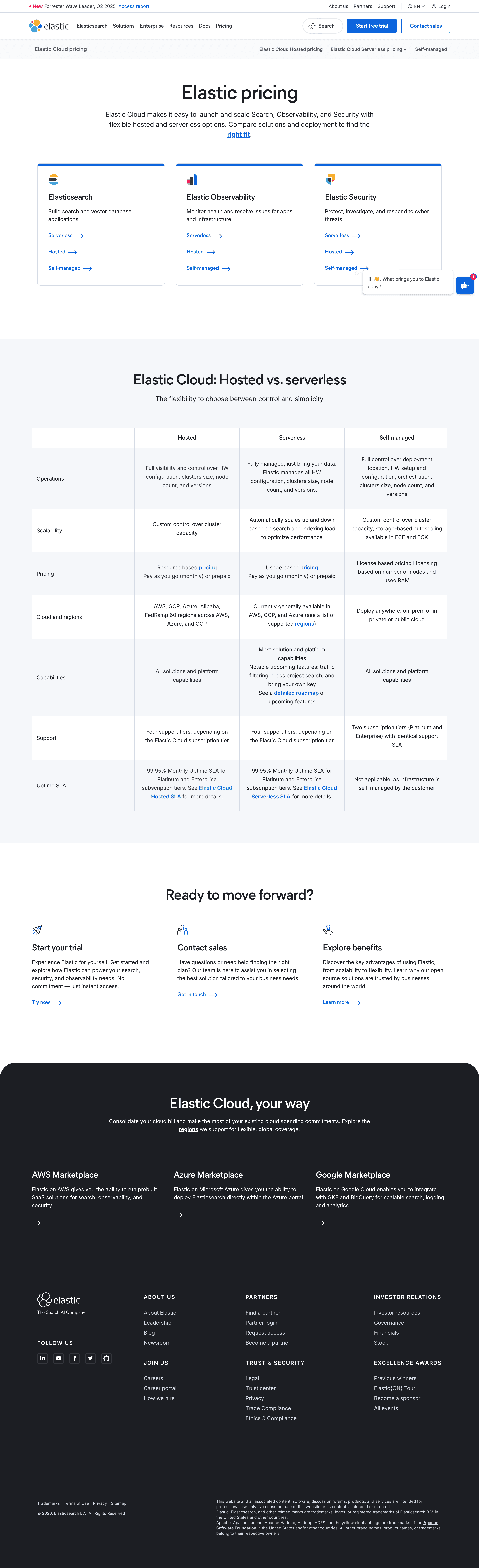 Elastic pricing page screenshot