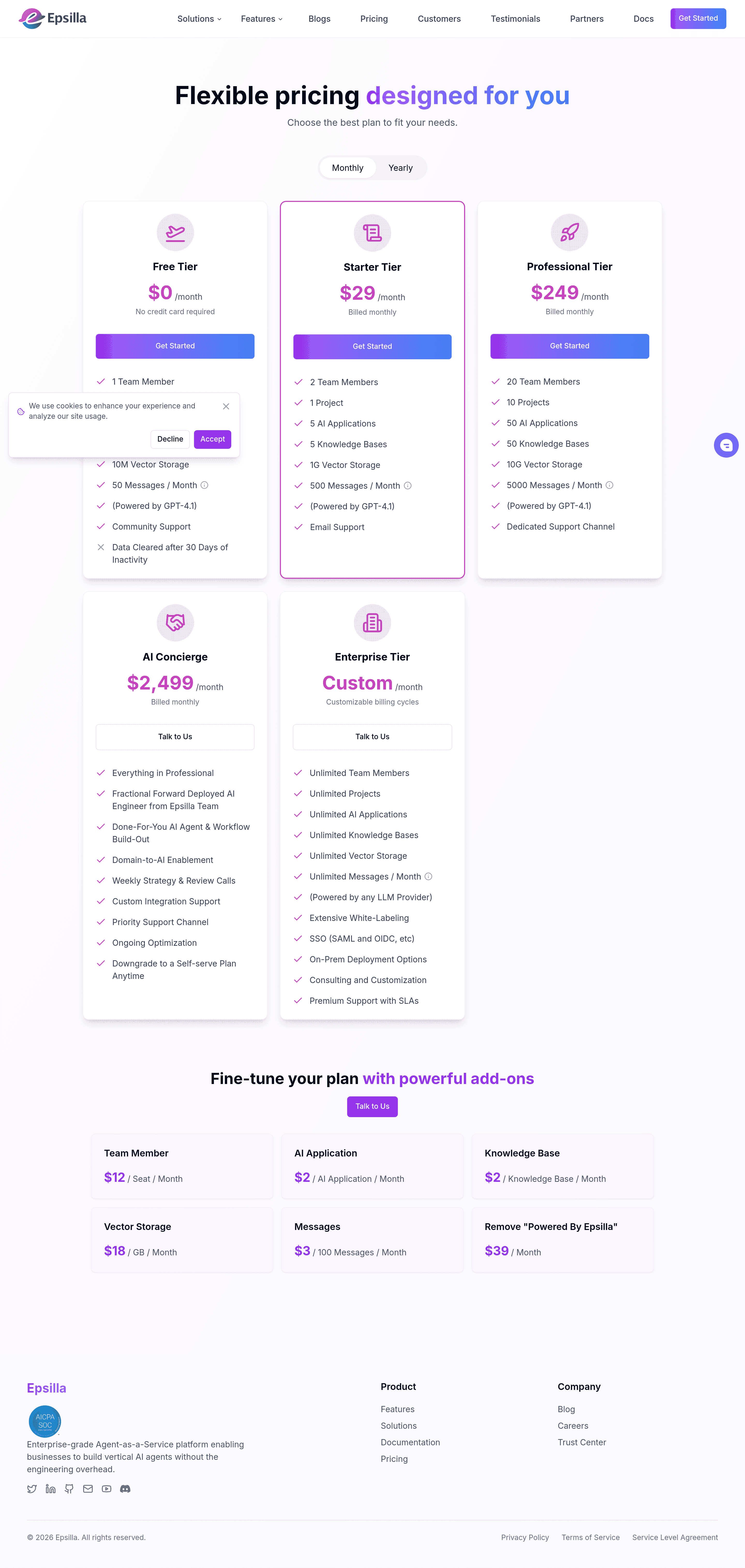 Epsilla pricing page screenshot