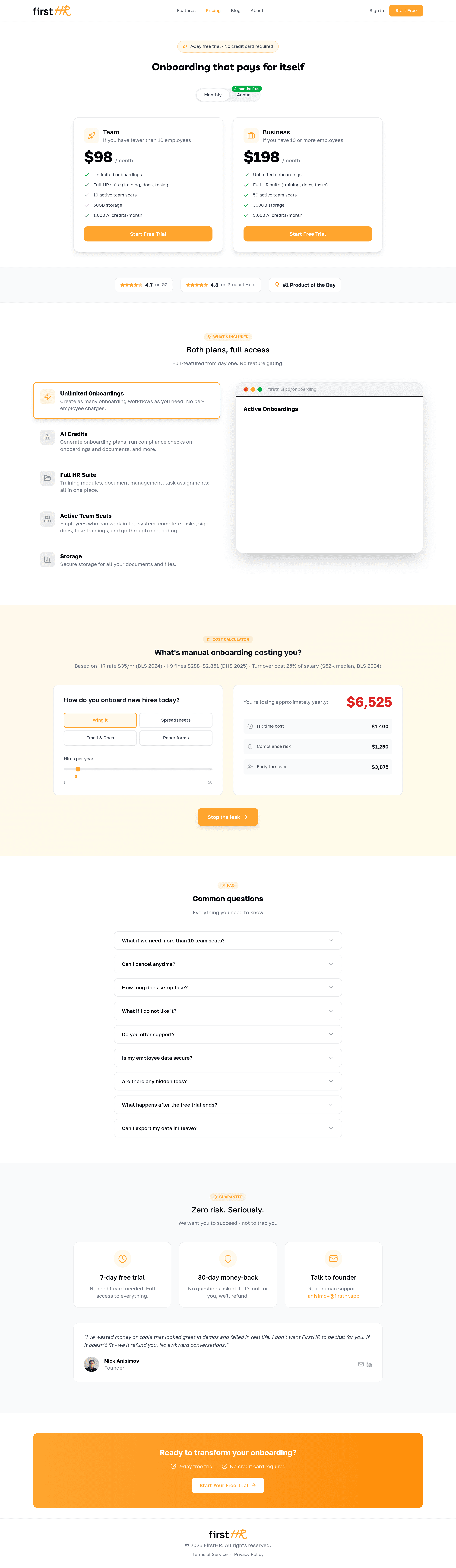 FirstHR pricing page screenshot