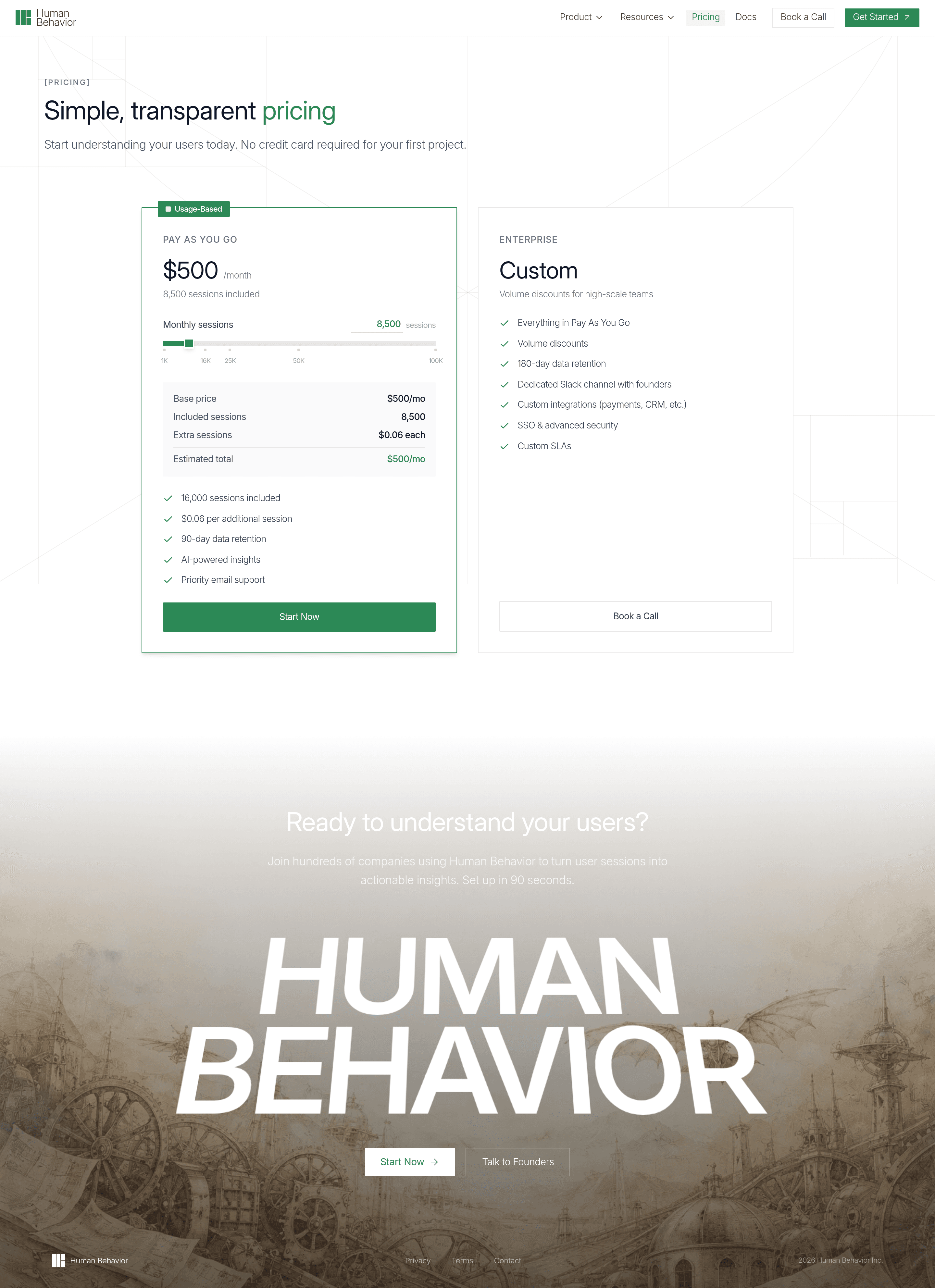 Human Behavior pricing page screenshot