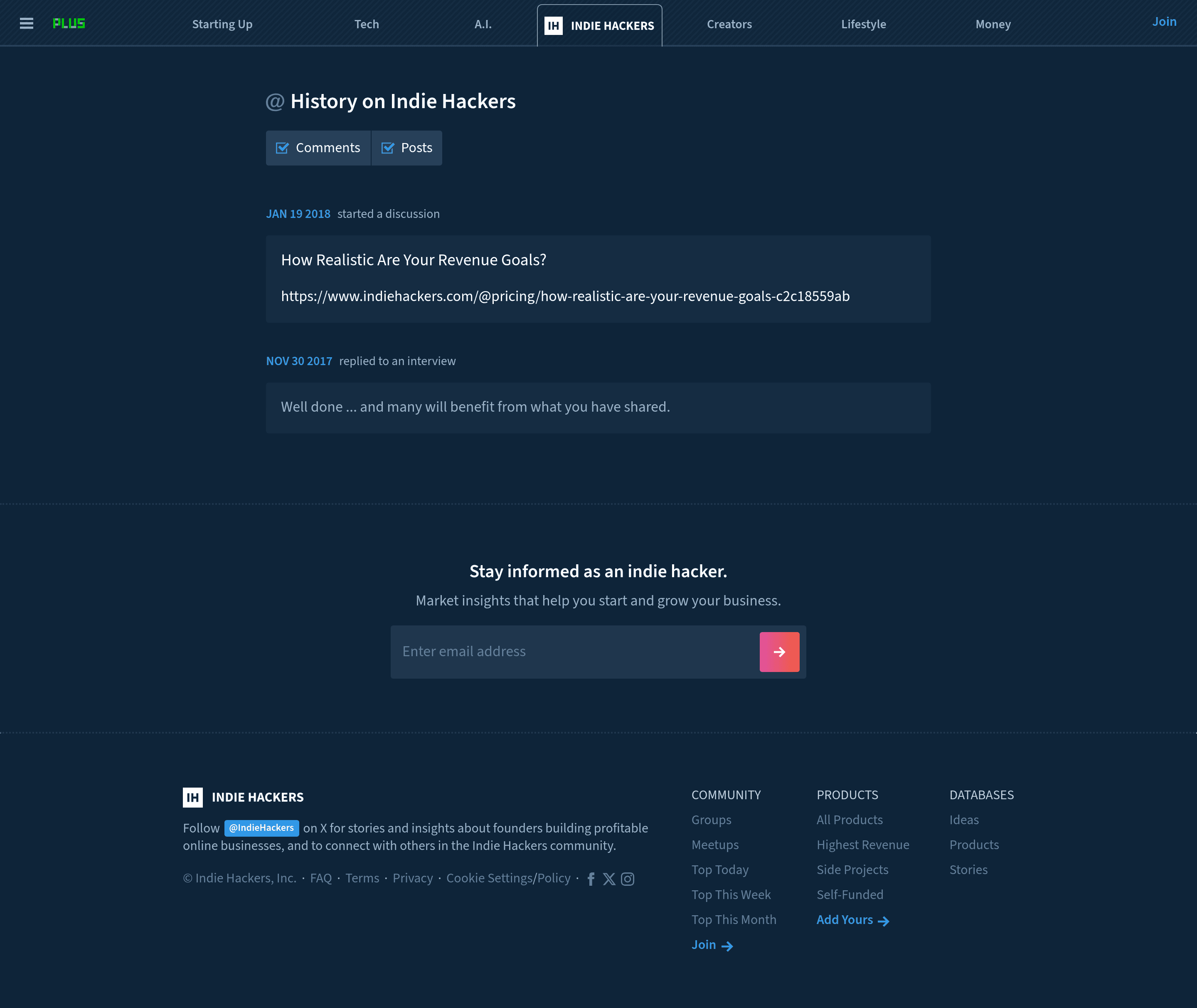 Indie Hackers Community pricing page screenshot
