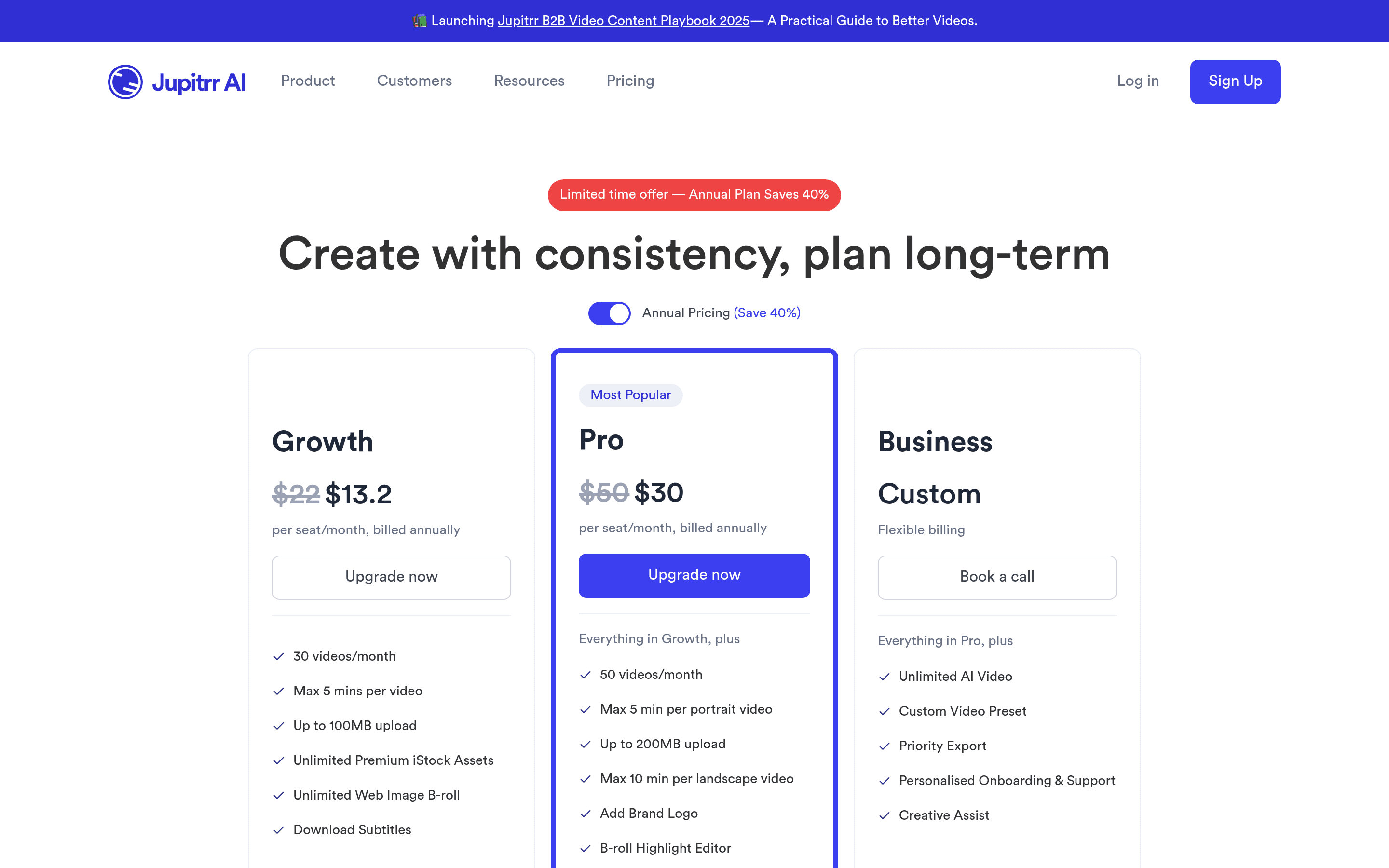 Jupitrr AI Video Maker pricing page screenshot