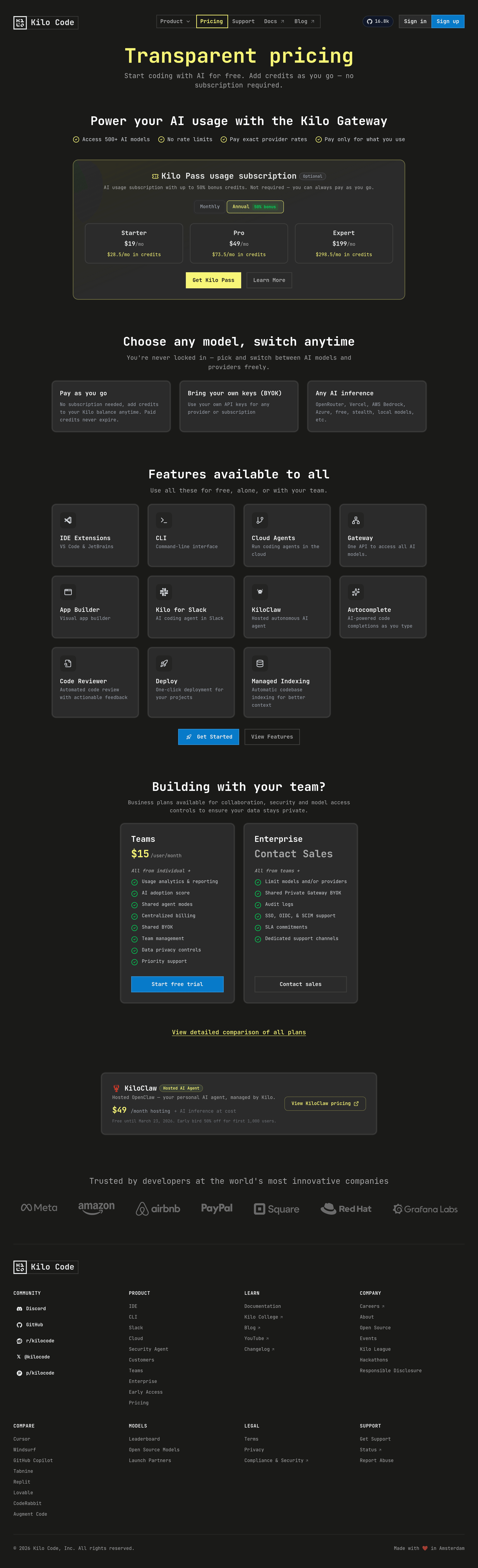 KiloClaw pricing page screenshot