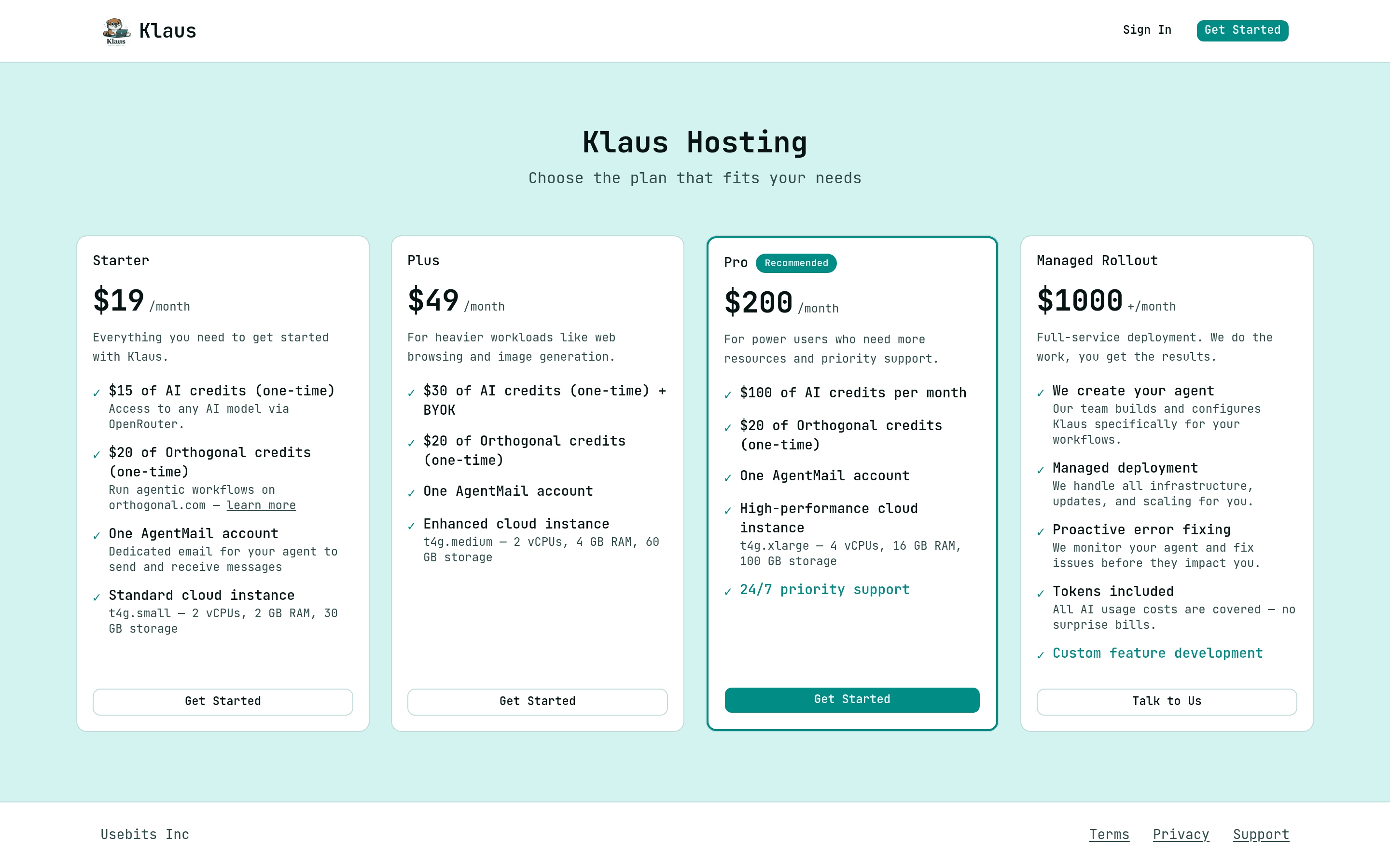 Klaus AI pricing page screenshot