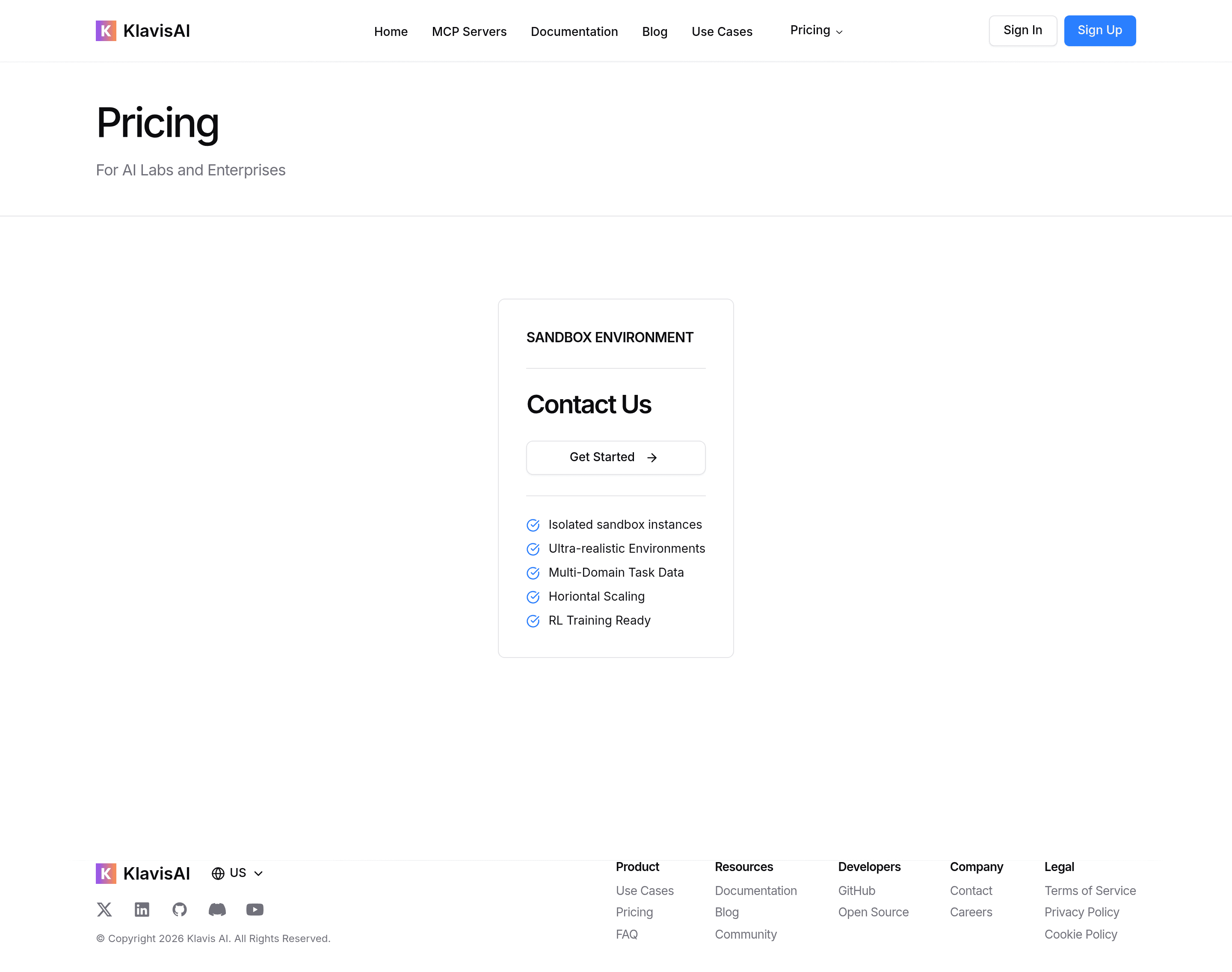 Klavis AI pricing page screenshot