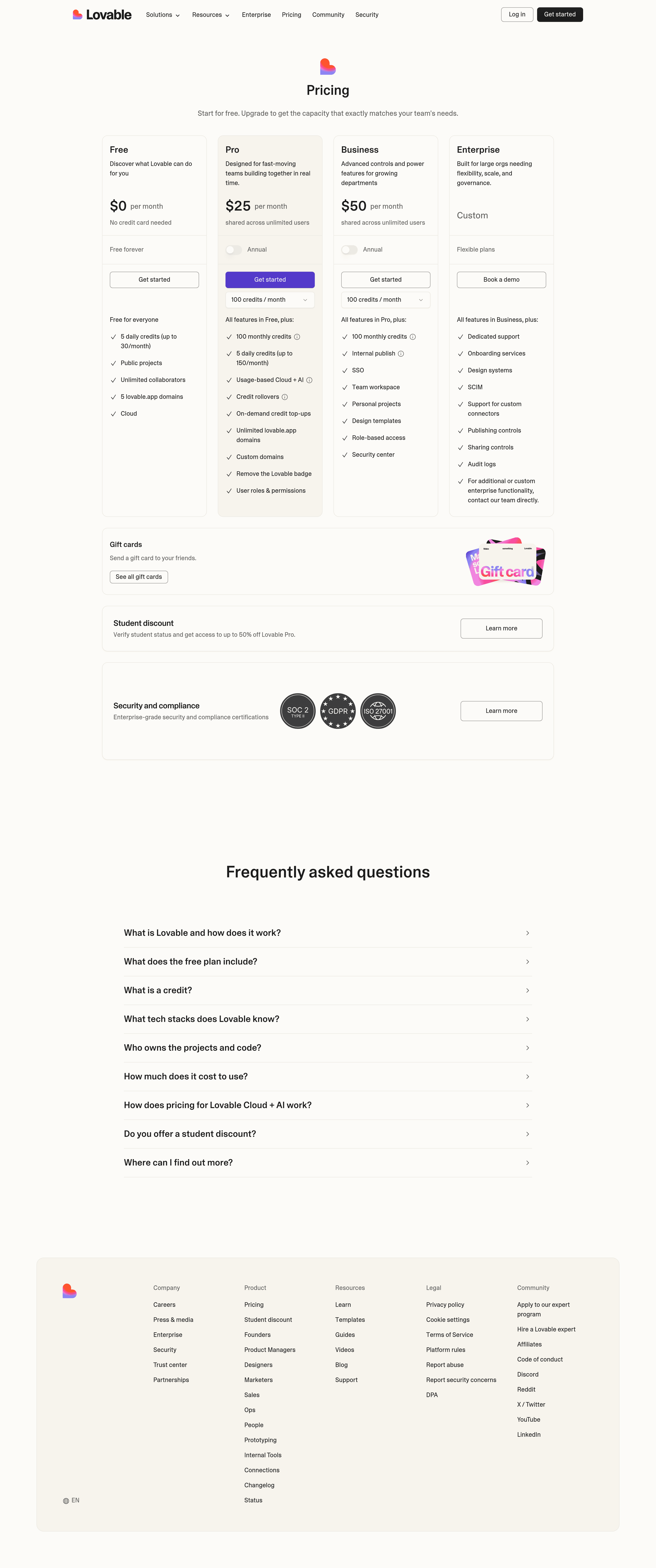 Lovable Visual Edits pricing page screenshot