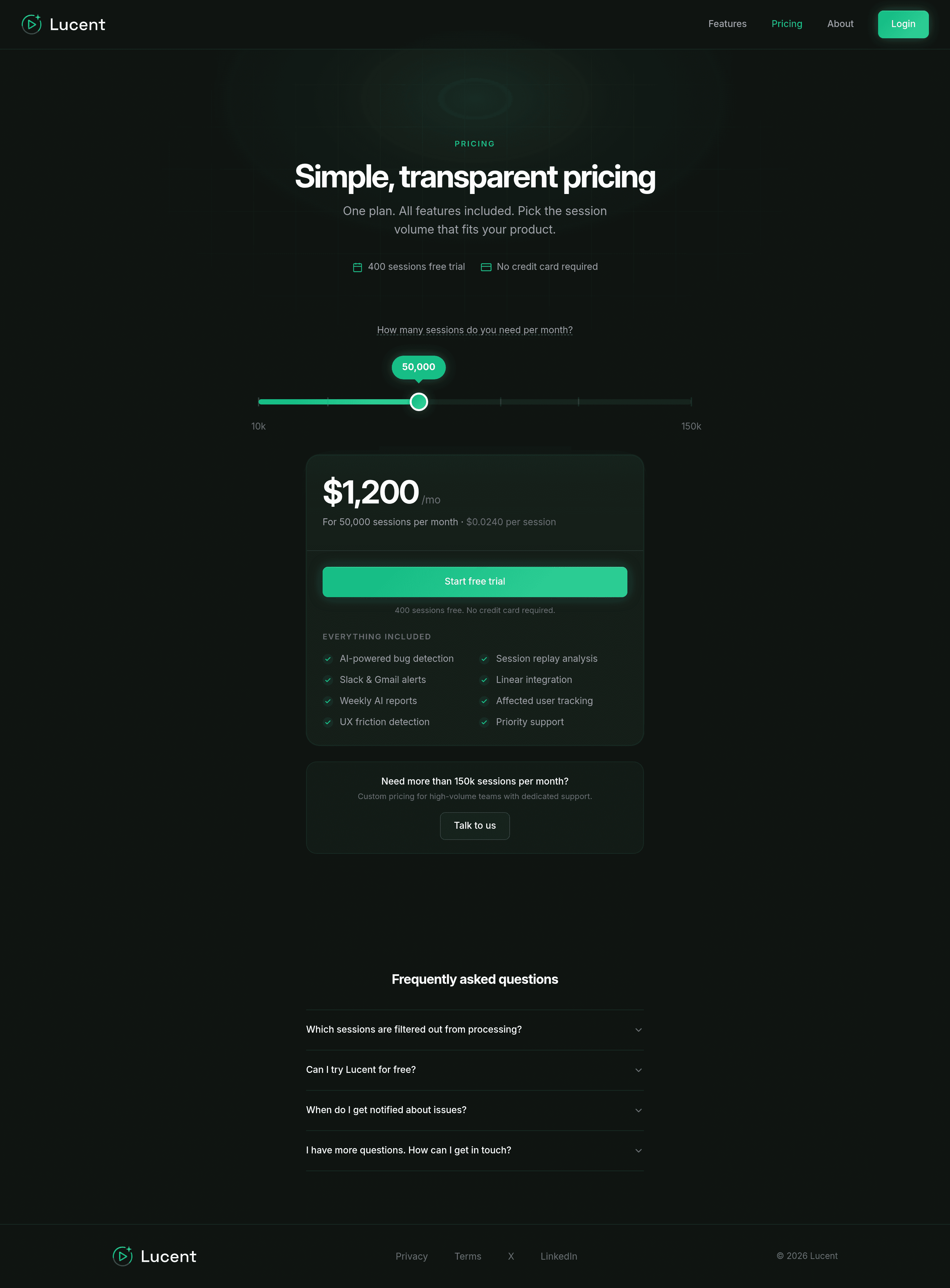 Lucent pricing page screenshot