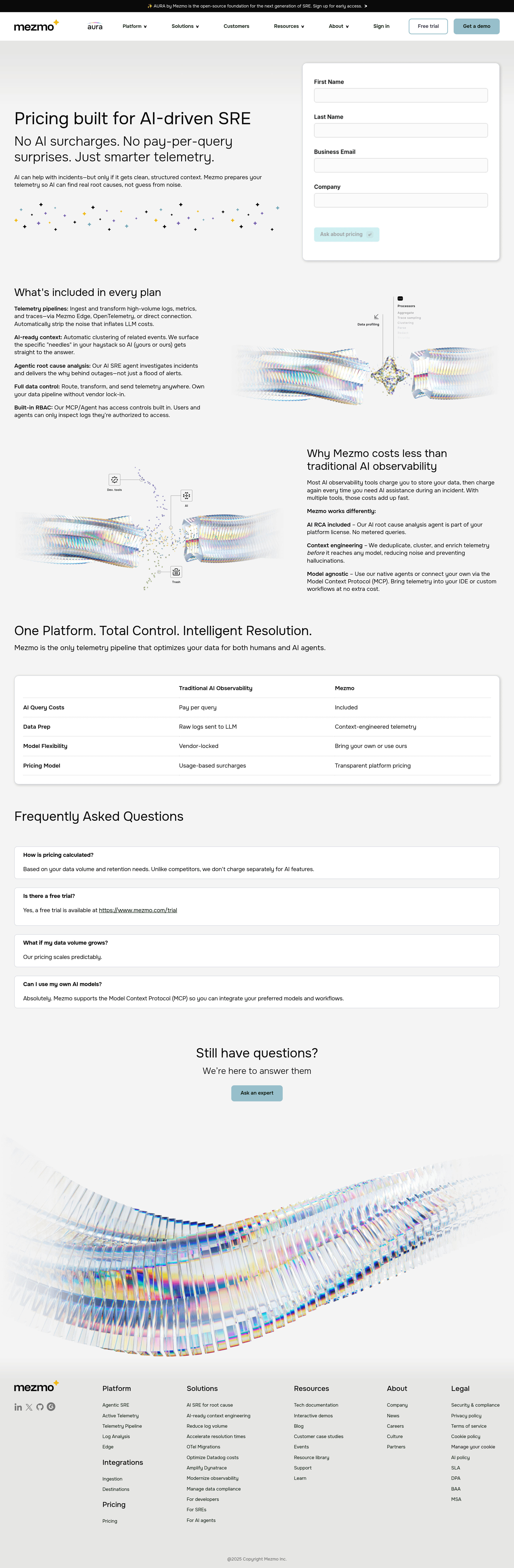 Mezmo pricing page screenshot