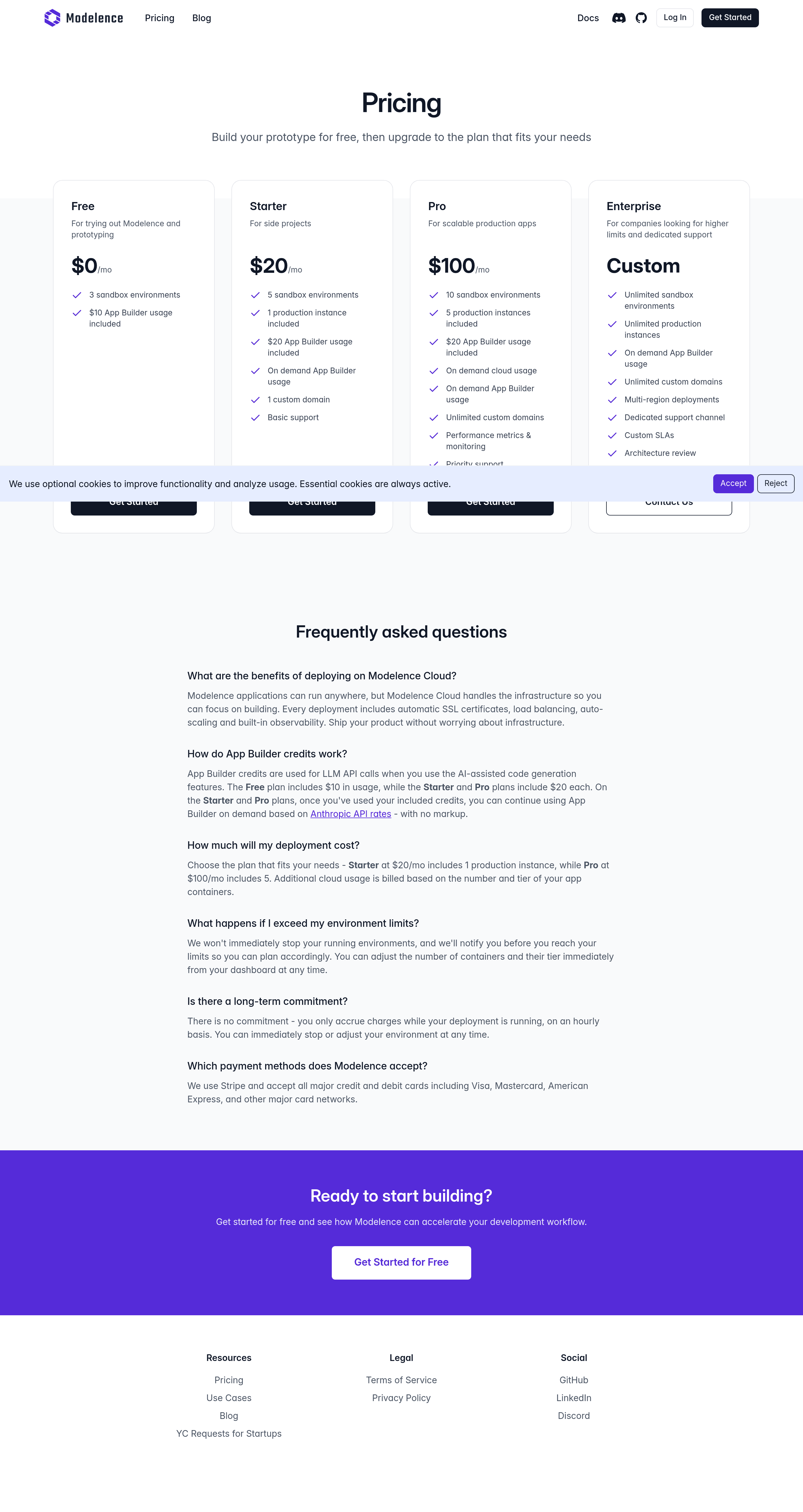 Modelence pricing page screenshot