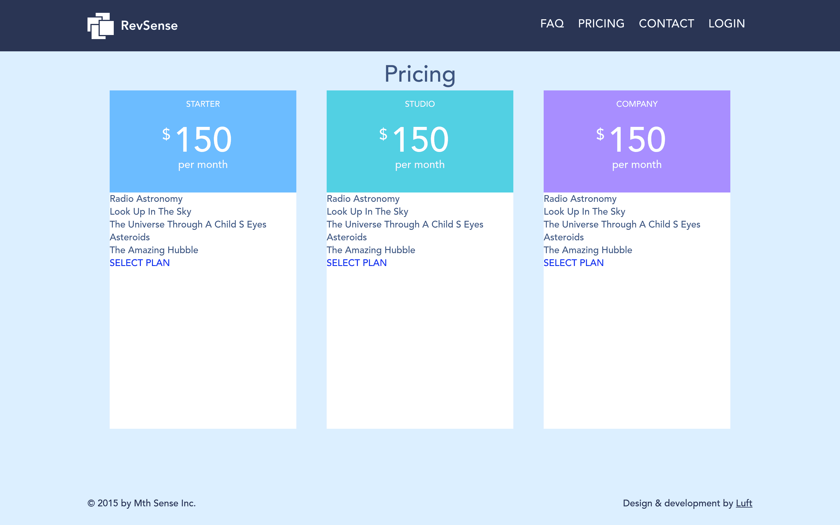 Mth Sense pricing page screenshot
