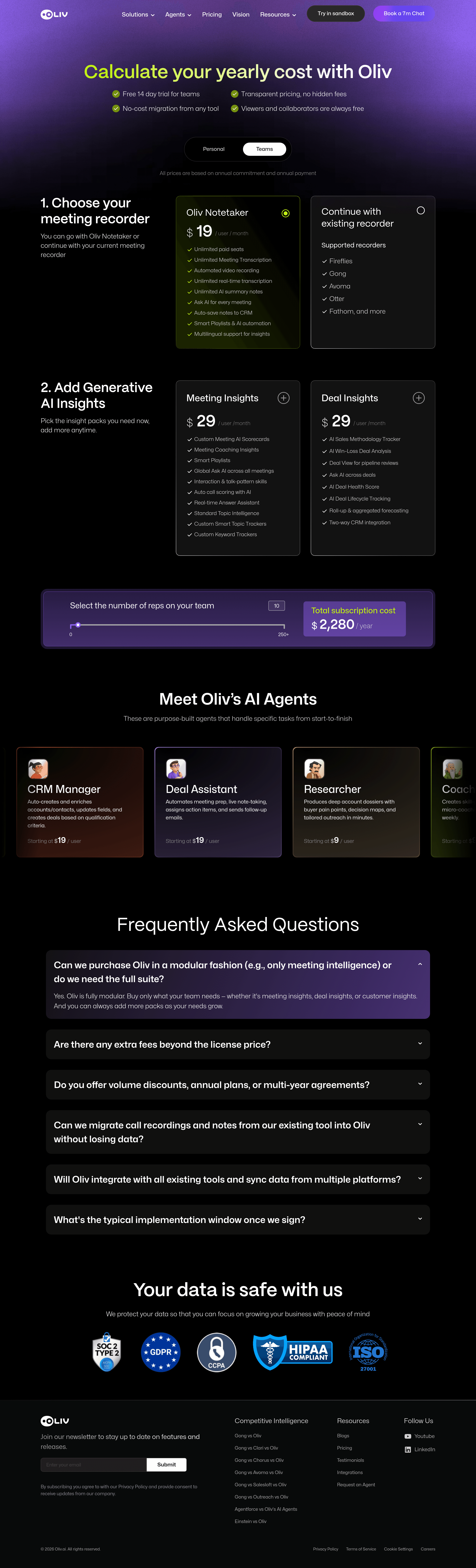 Oliv pricing page screenshot