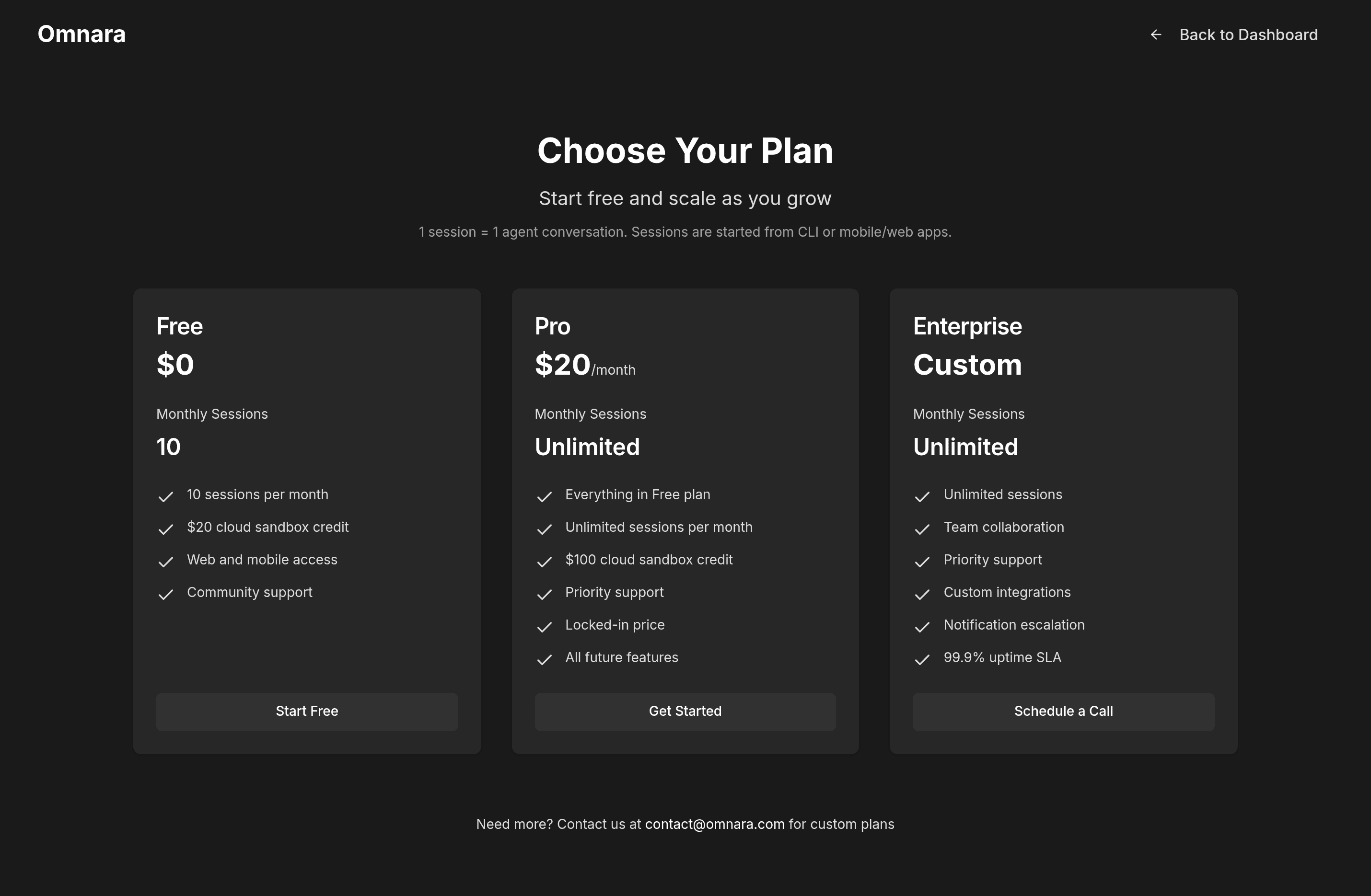 Omnara pricing page screenshot