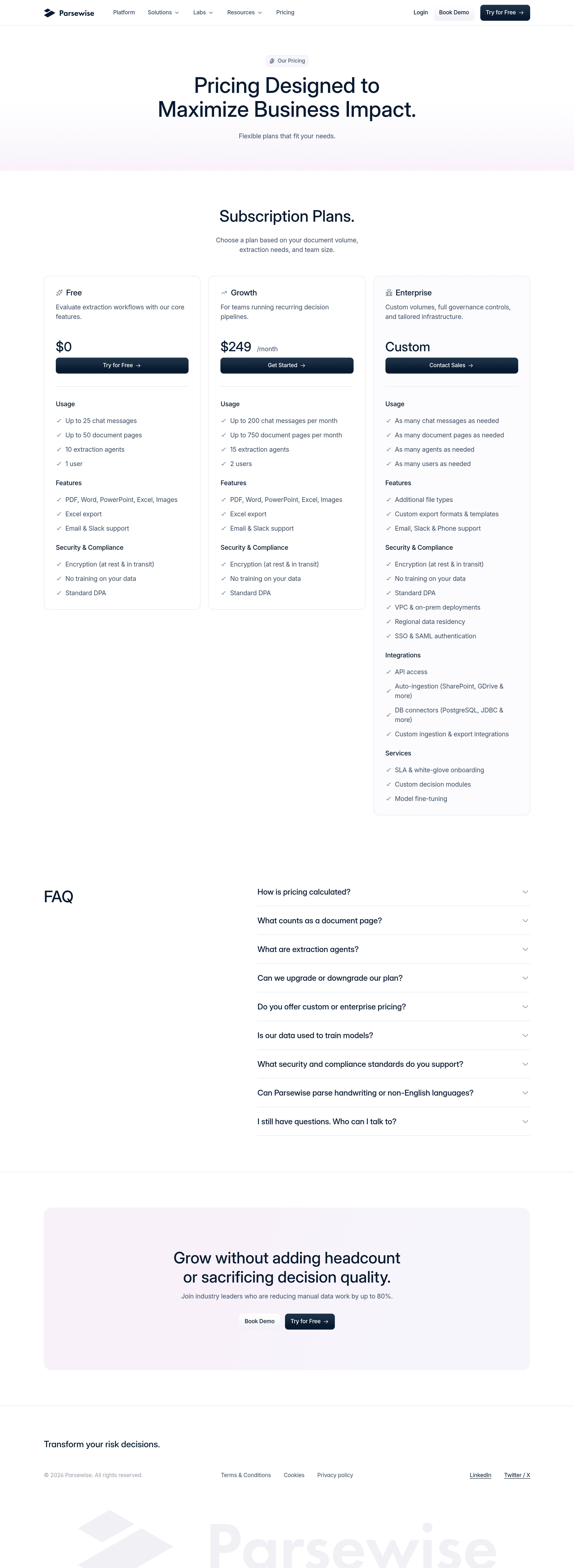Parsewise pricing page screenshot