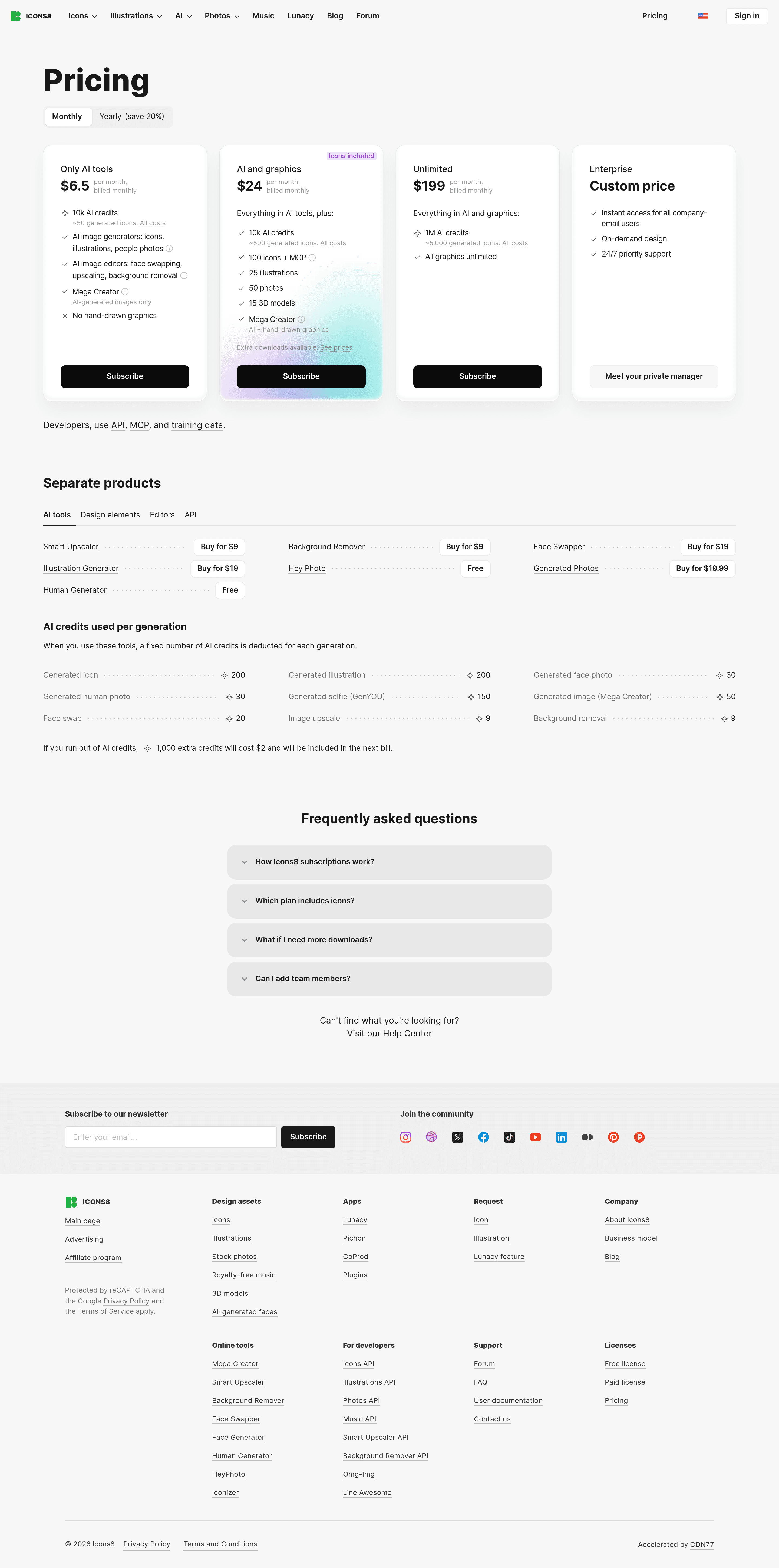 Photo Creator pricing page screenshot