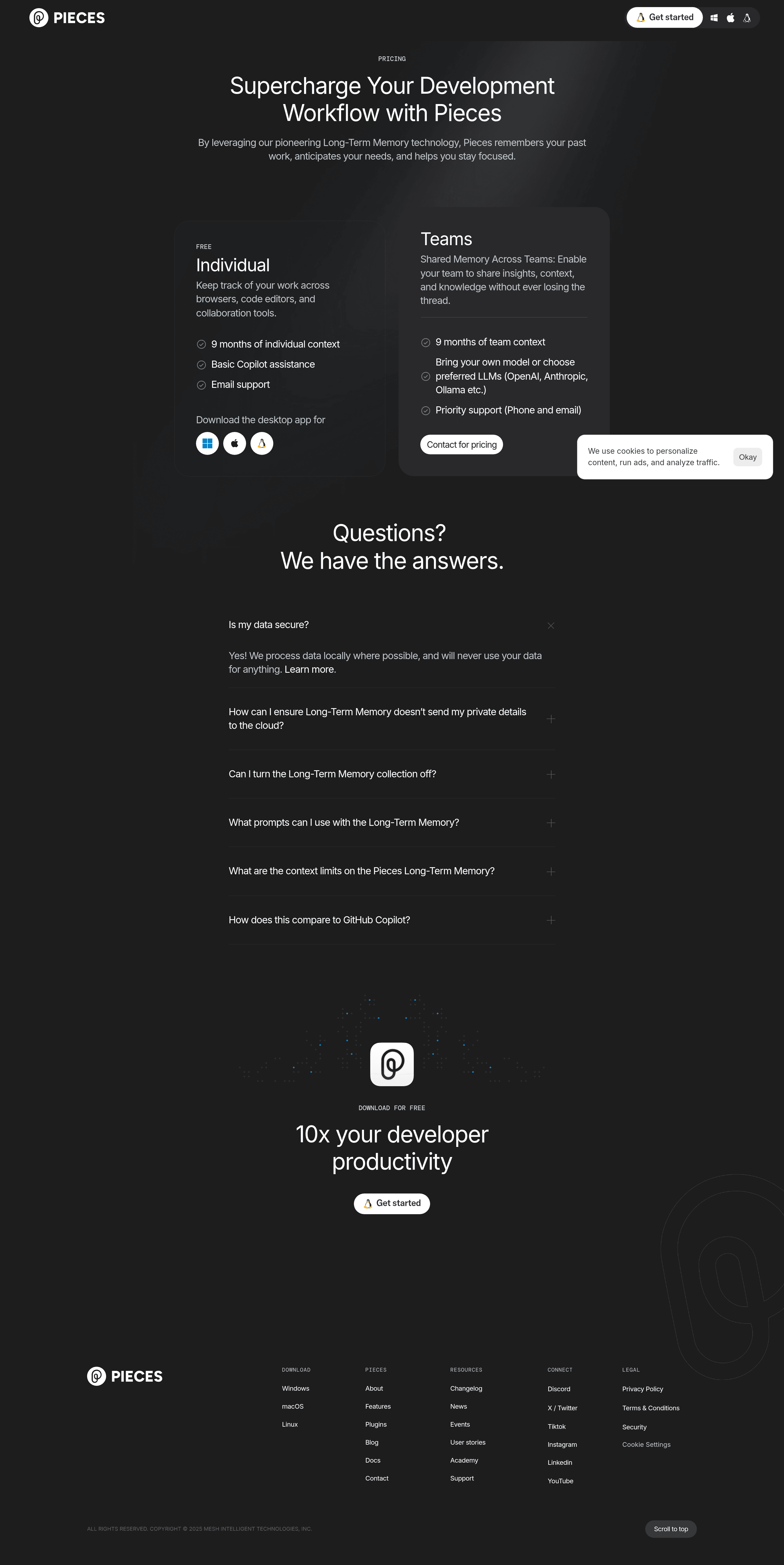Pieces Long-Term Memory Agent pricing page screenshot
