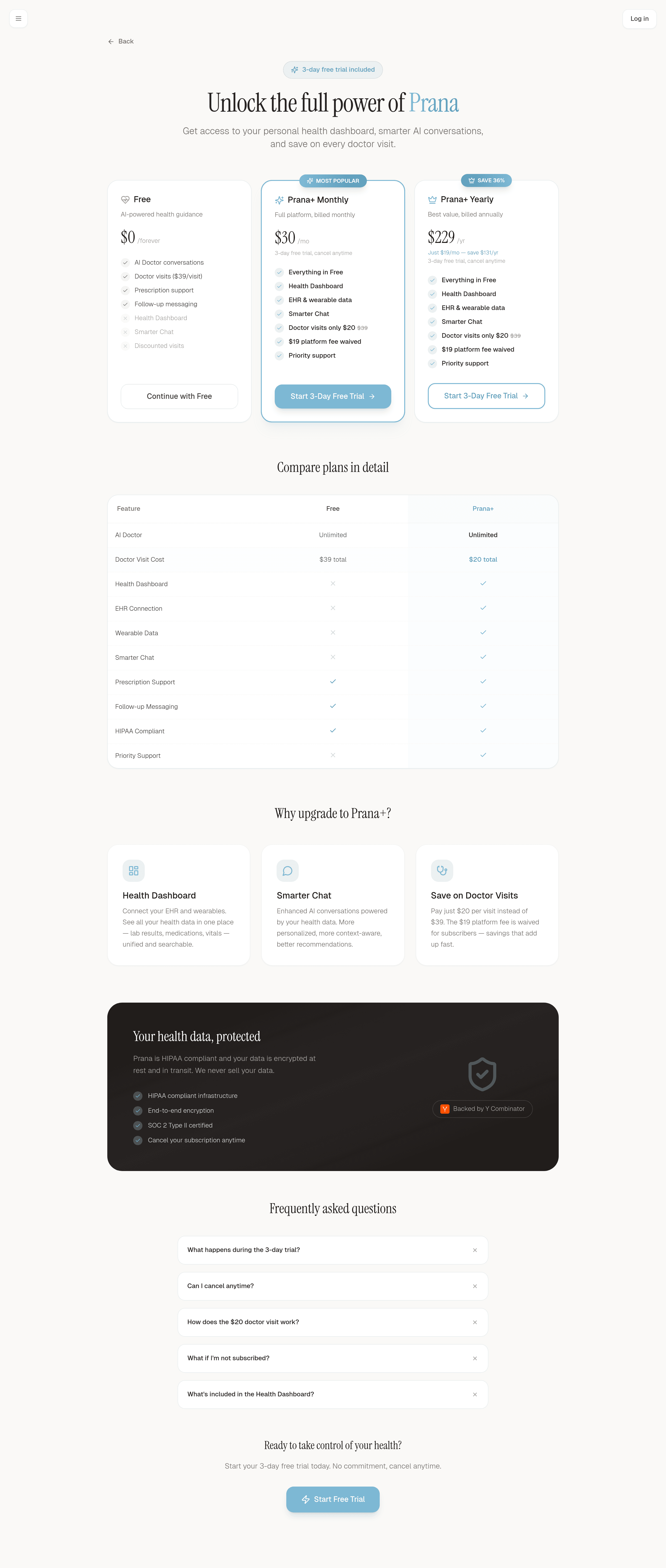 Prana pricing page screenshot