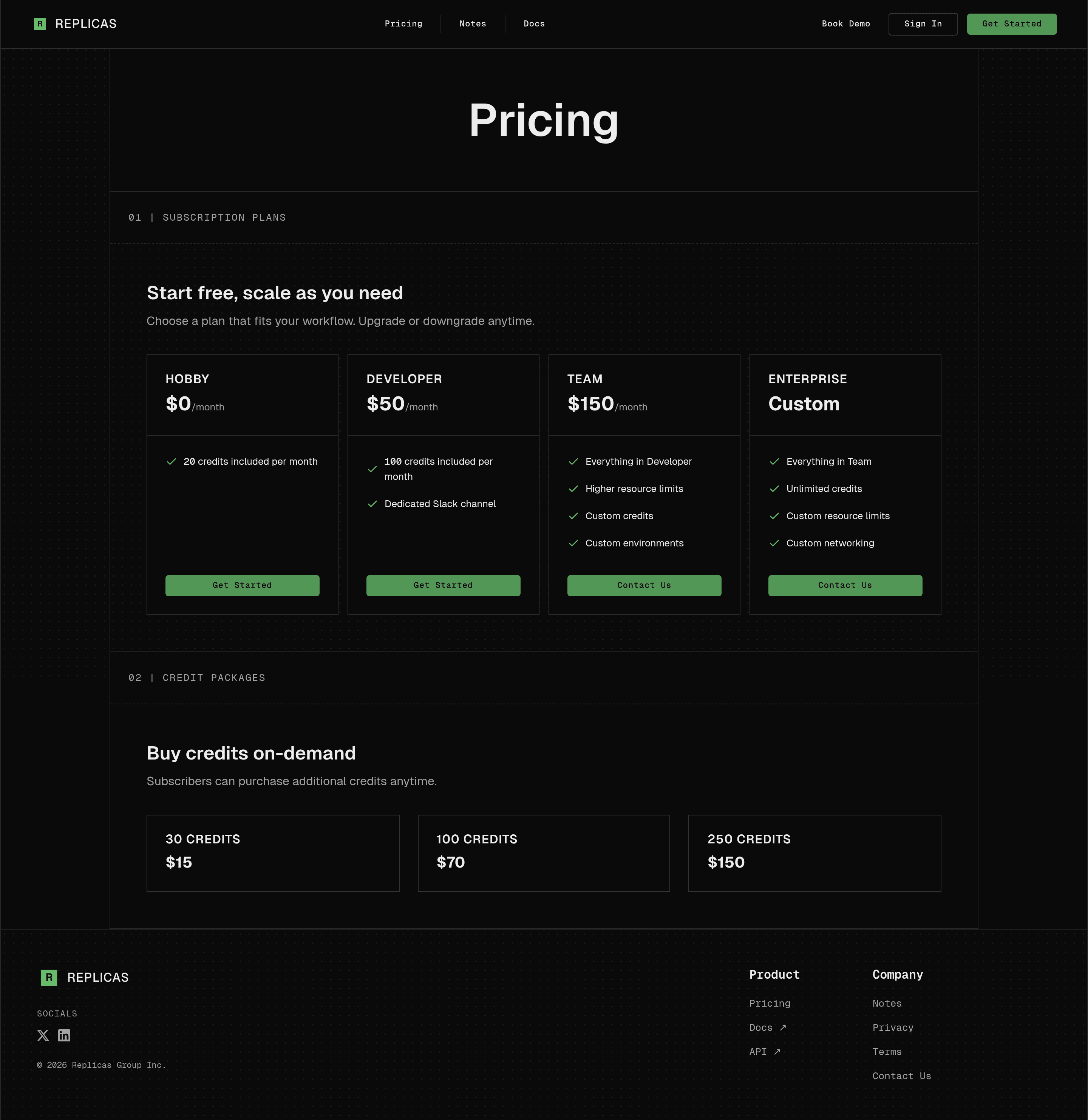 Replicas pricing page screenshot
