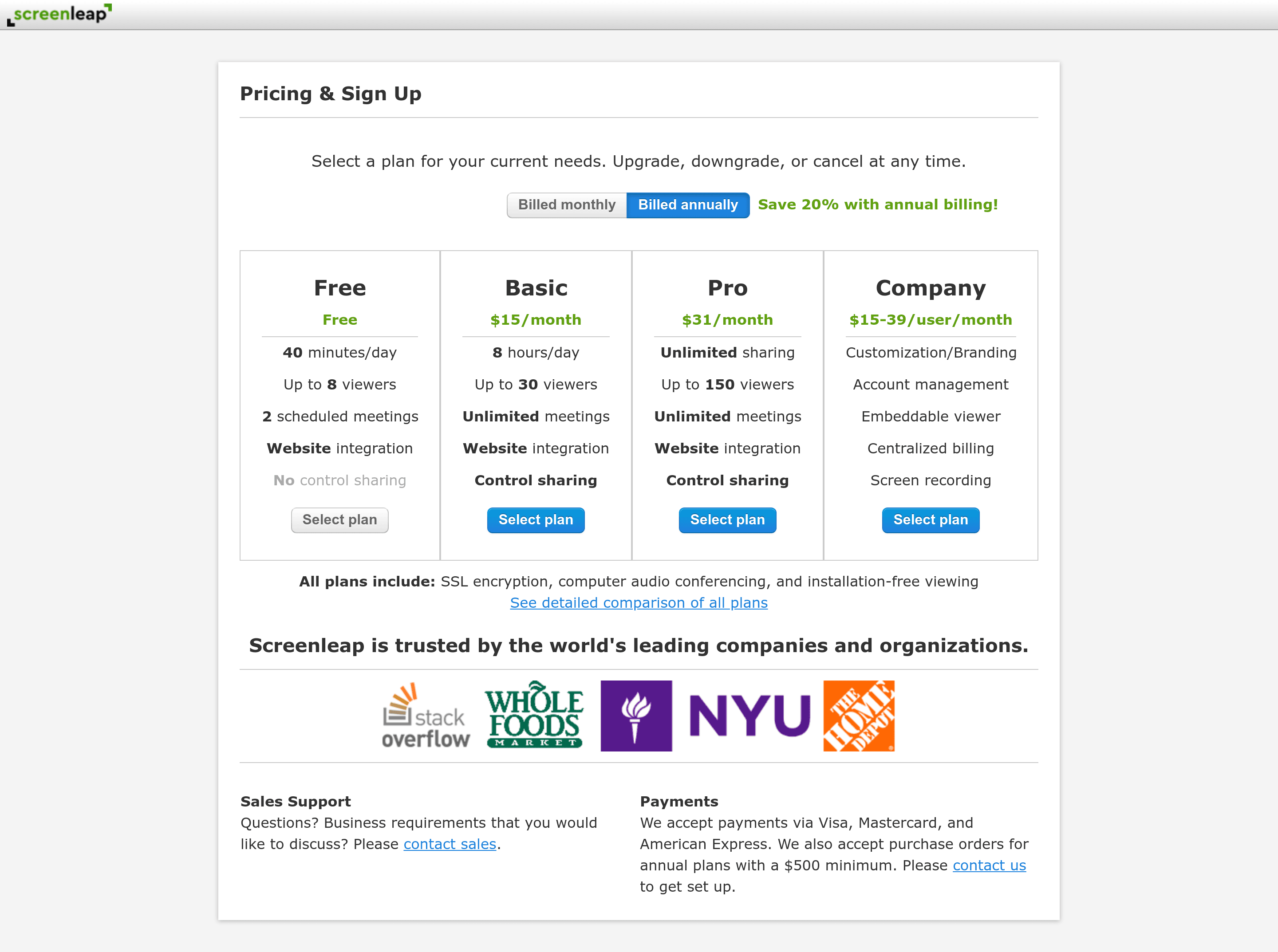 Screenleap pricing page screenshot