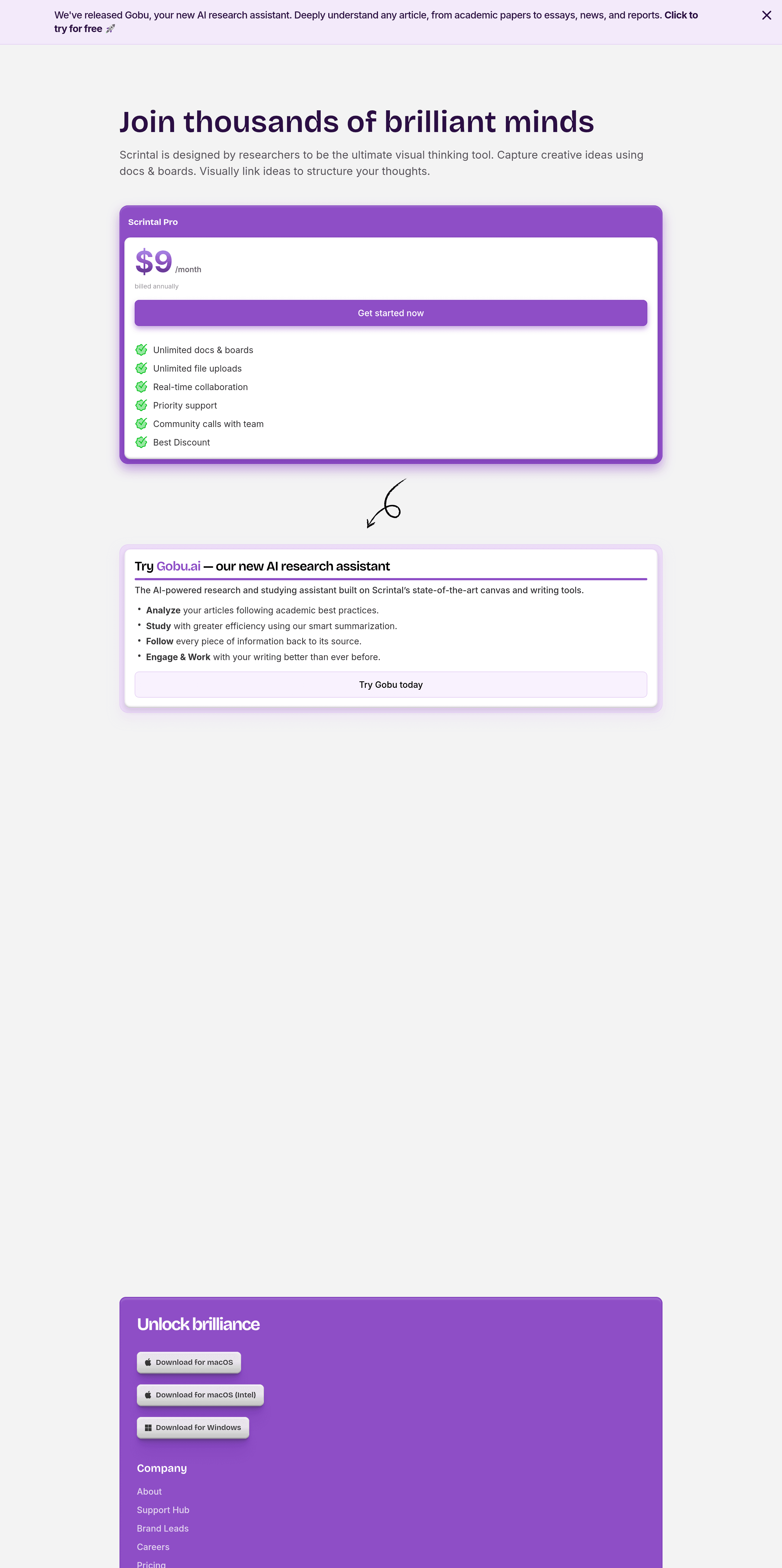Scrintal pricing page screenshot