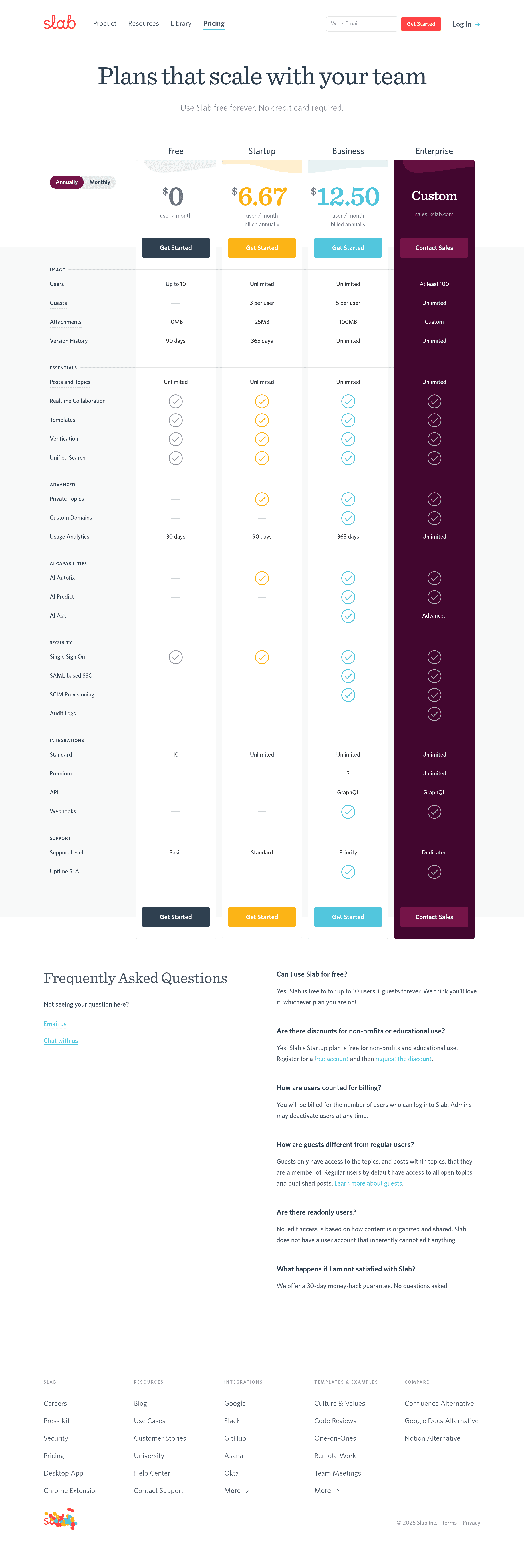 Slab pricing page screenshot