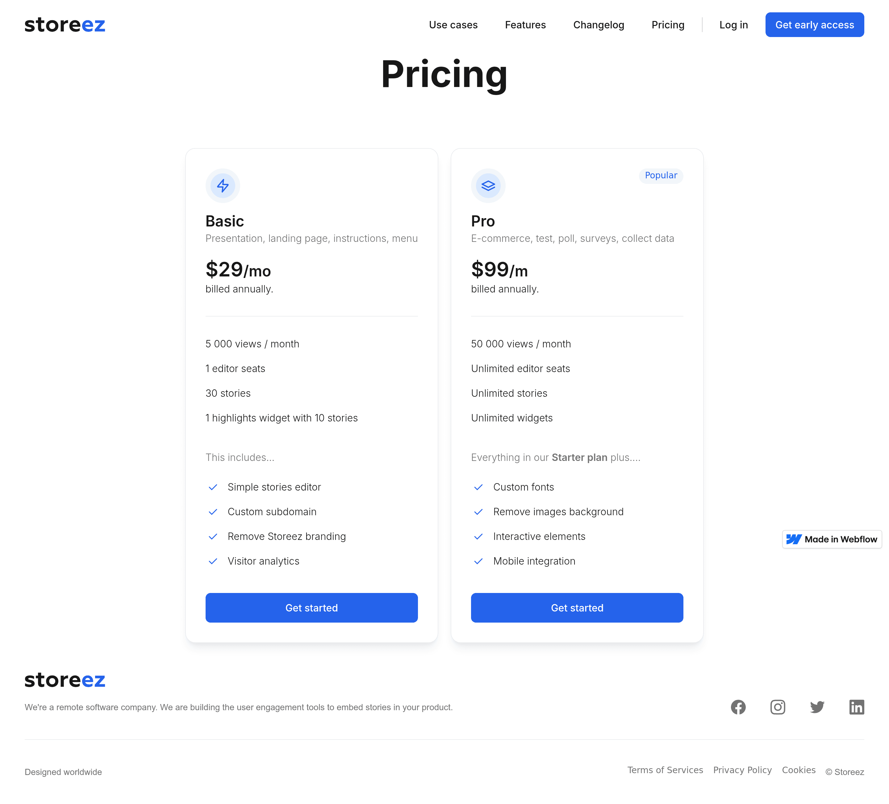 Storeez.app pricing page screenshot