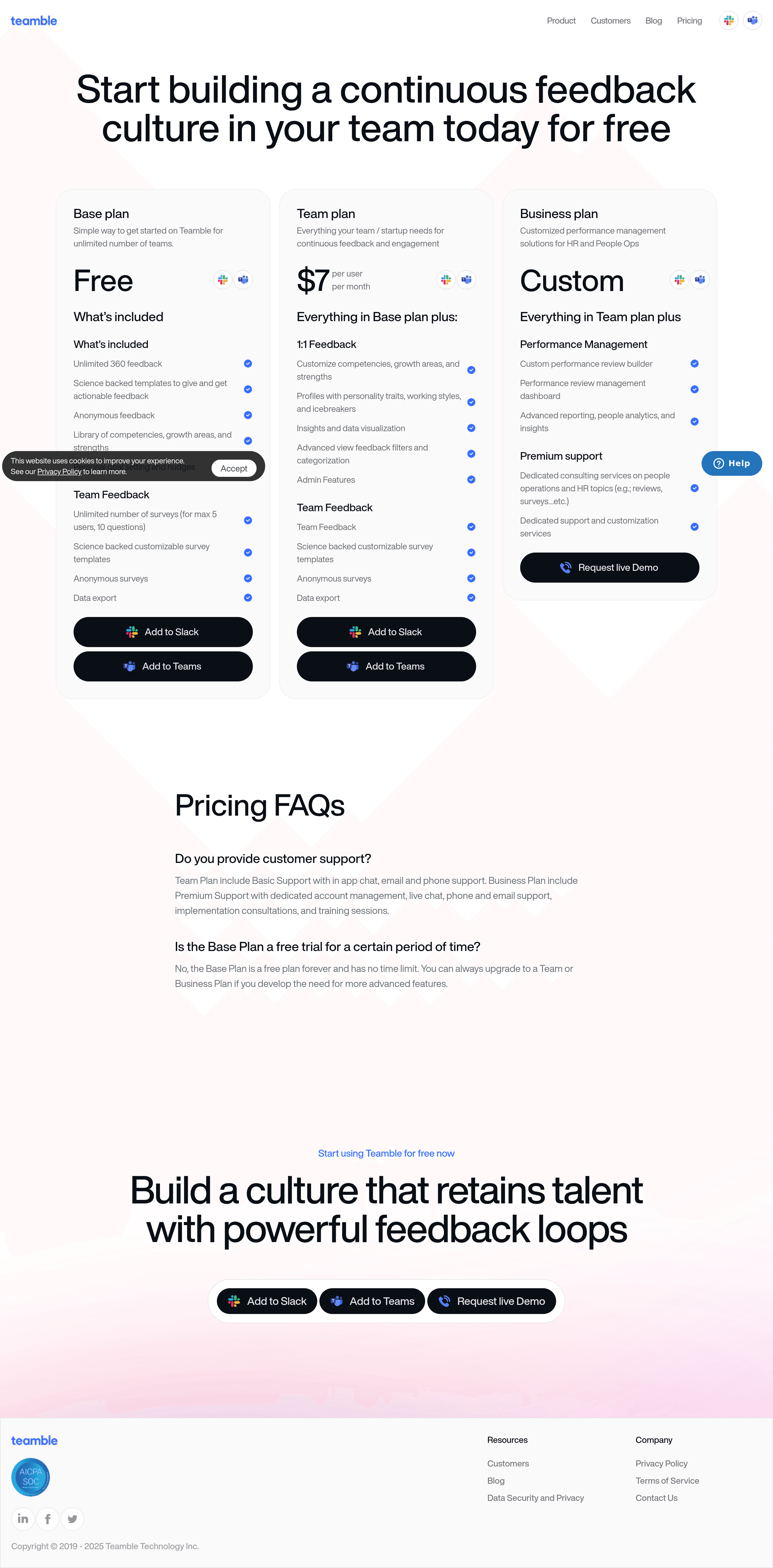 Teamble pricing page screenshot