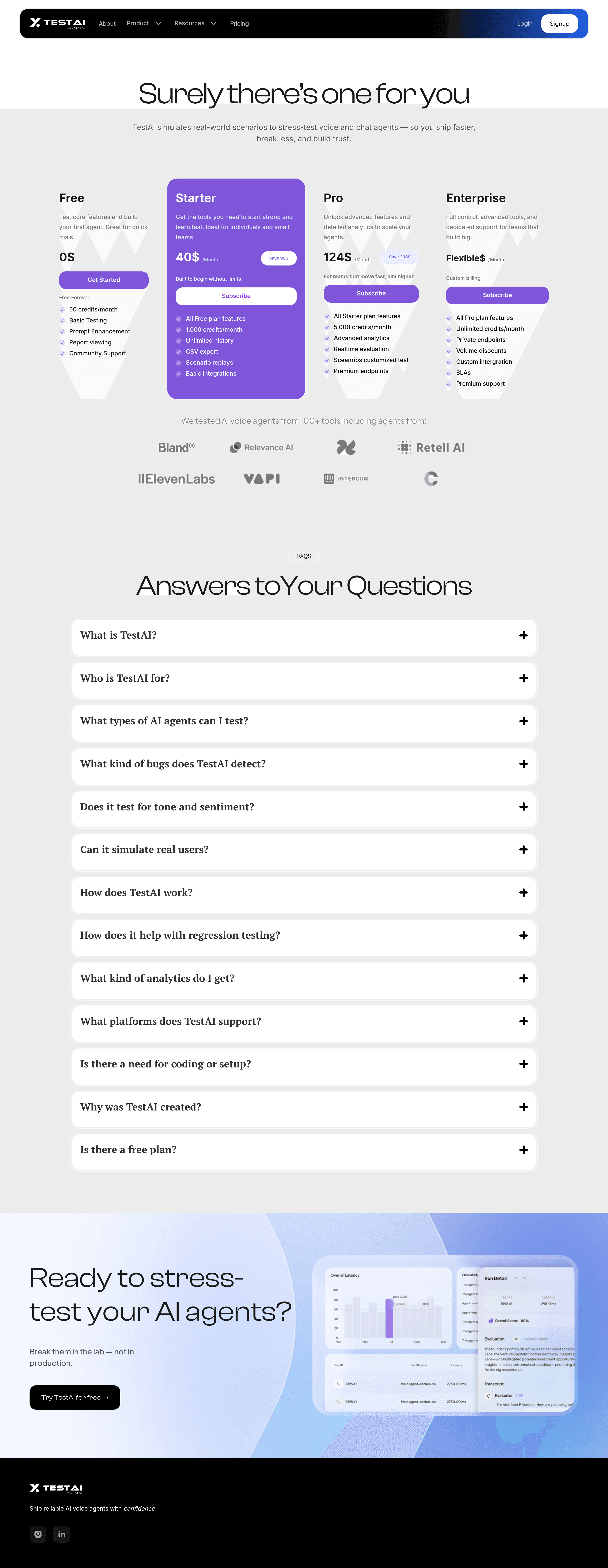 TestAI pricing page screenshot